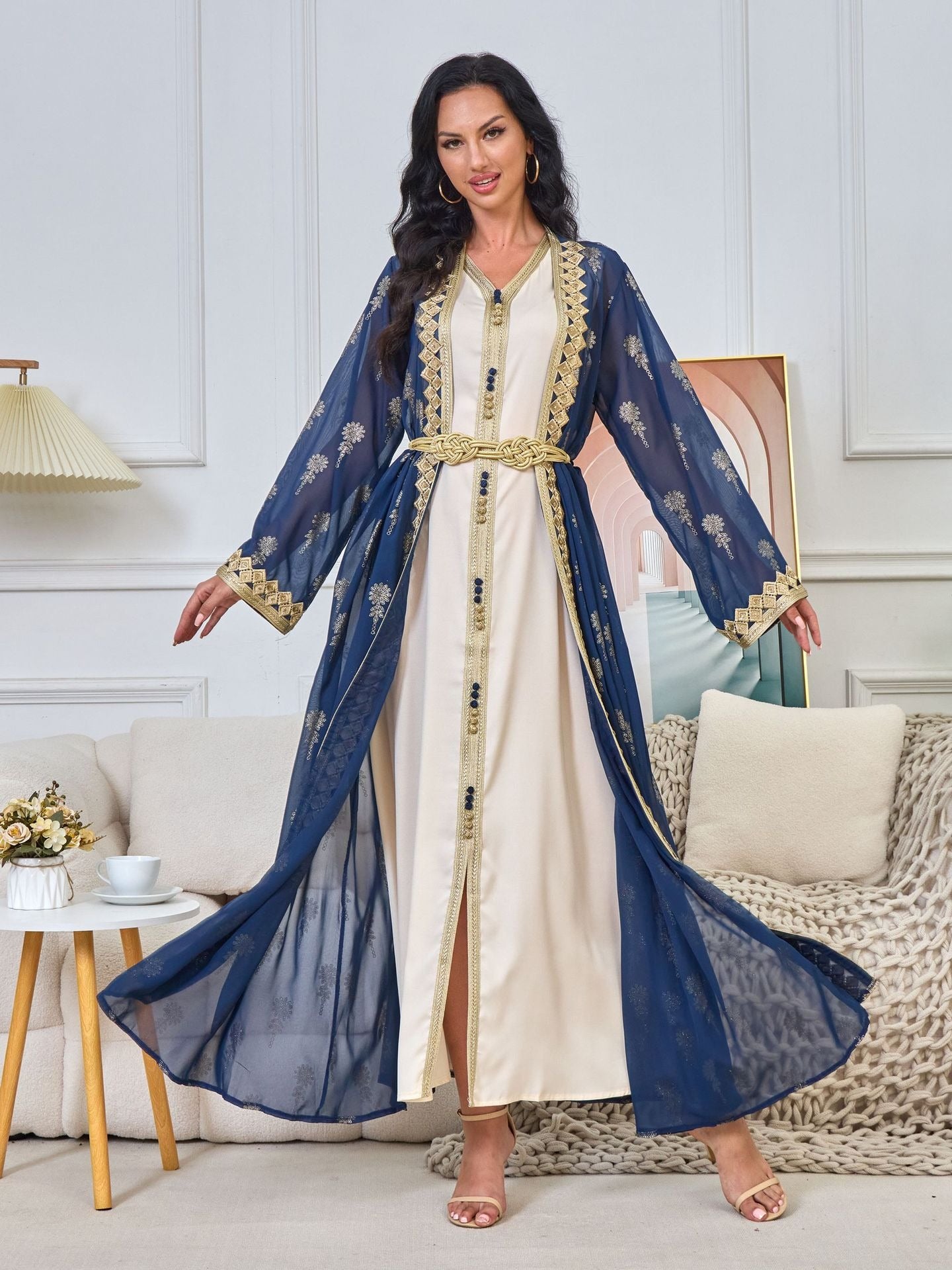 MH127 Embroidered Two Piece Abaya Set – Luxury Open Front Cardigan Abaya Dress for Eid & Formal Wear