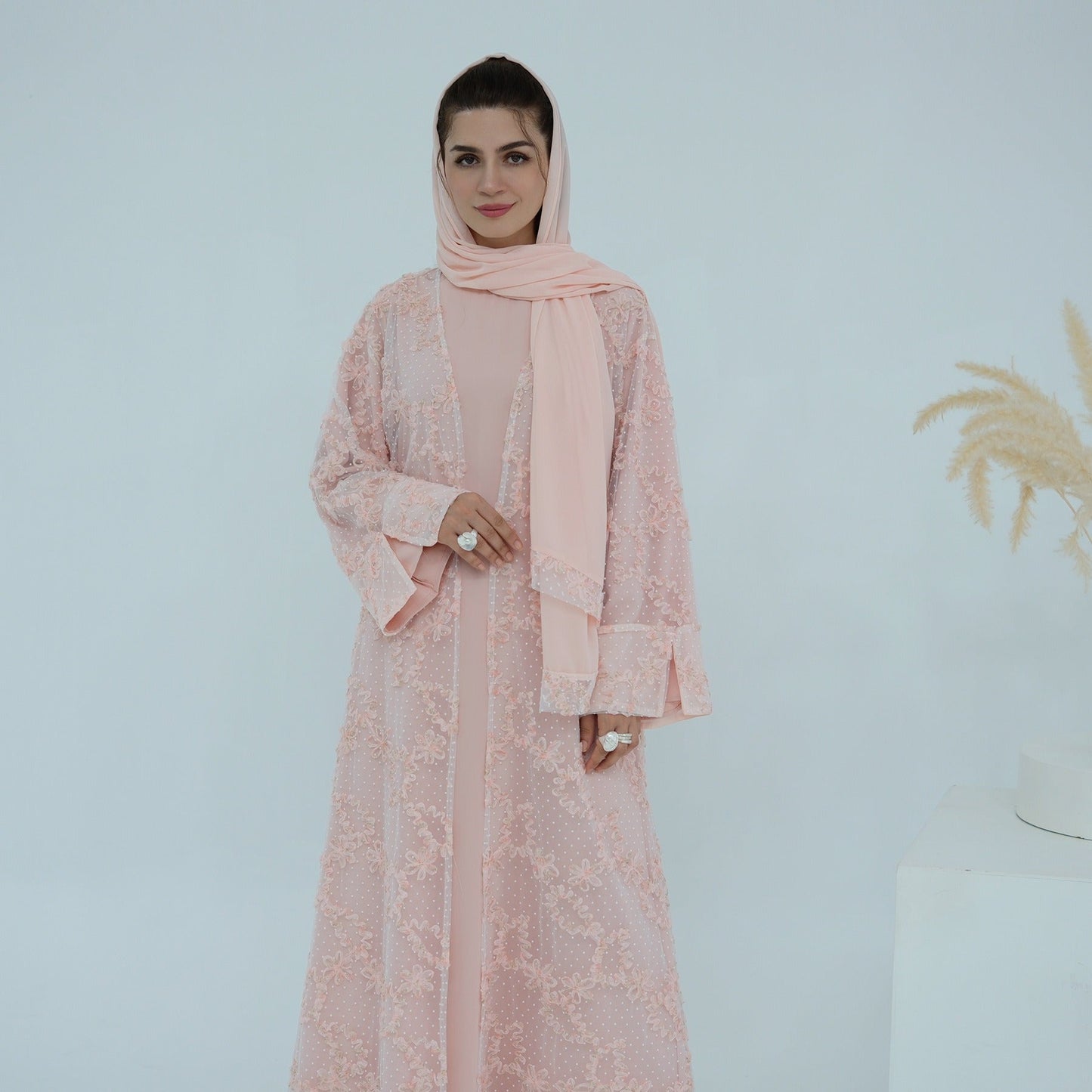 MH135 3D Floral Mesh Cardigan Abaya Set with Hijab – Elegant Modest Open Front Dress for Muslim Women