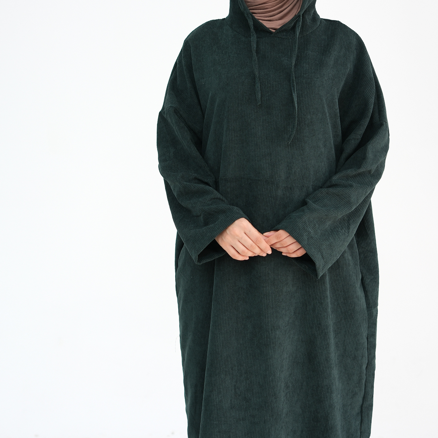 MH95 Corduroy Hooded Abaya with Pockets – Winter Casual Maxi Dress