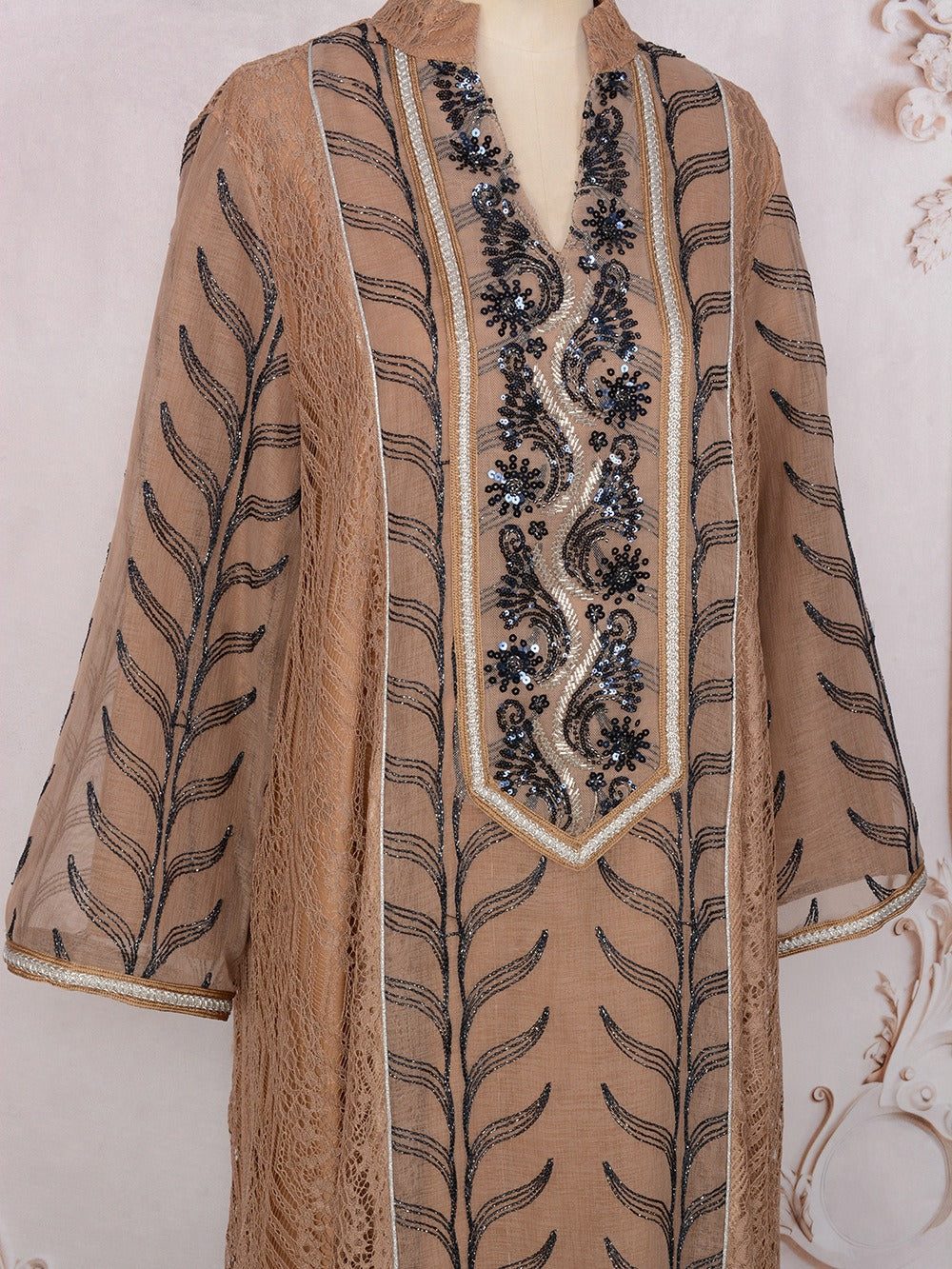 MH129 Beaded Embroidered Abaya Set – Elegant Mesh Modest Eid Dress for Muslim Women