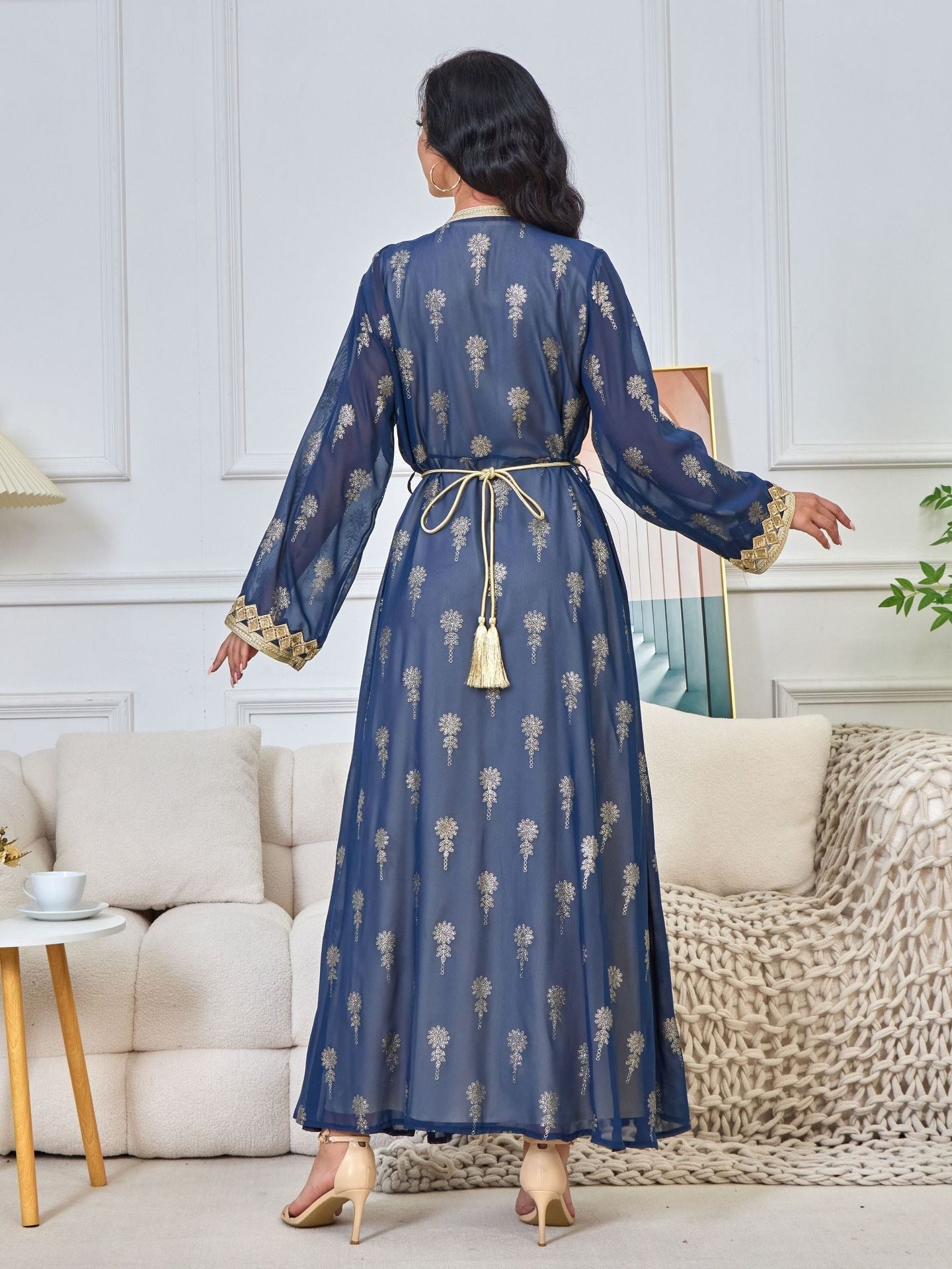 MH127 Embroidered Two Piece Abaya Set – Luxury Open Front Cardigan Abaya Dress for Eid & Formal Wear