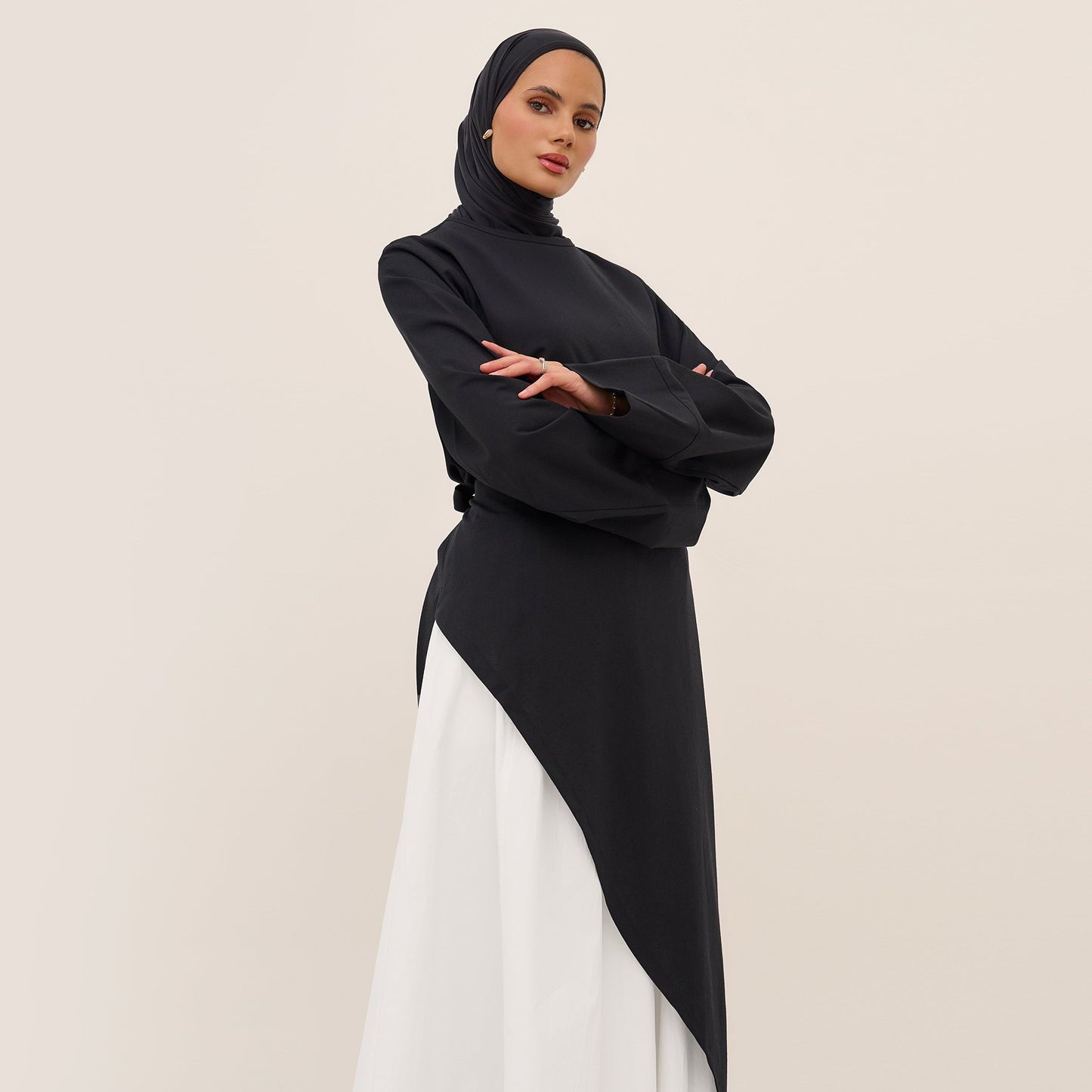 MH87 Modest Cotton-Linen Two-Piece Set – Asymmetric Drape Top & Maxi Skirt | Muslim Women Outfit for Eid & Daily Wear