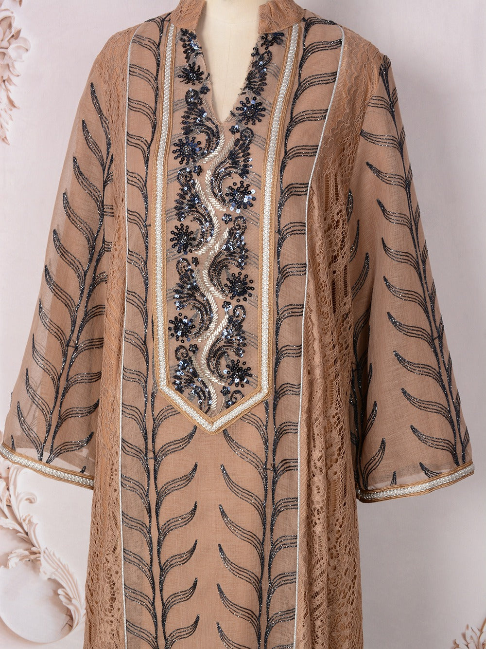 MH129 Beaded Embroidered Abaya Set – Elegant Mesh Modest Eid Dress for Muslim Women