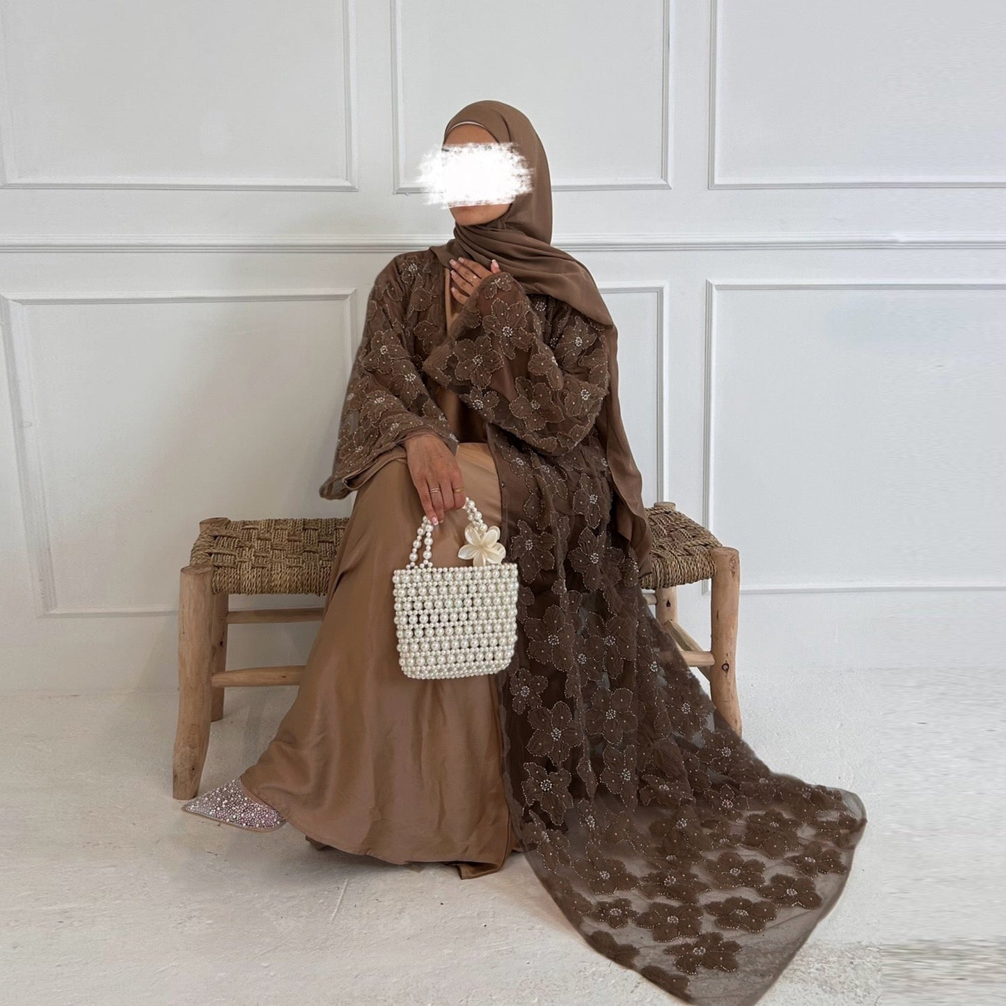 MH90 Beaded Lace Abaya Set – Embroidered Open Abaya, Optional Hijab & Inner Dress