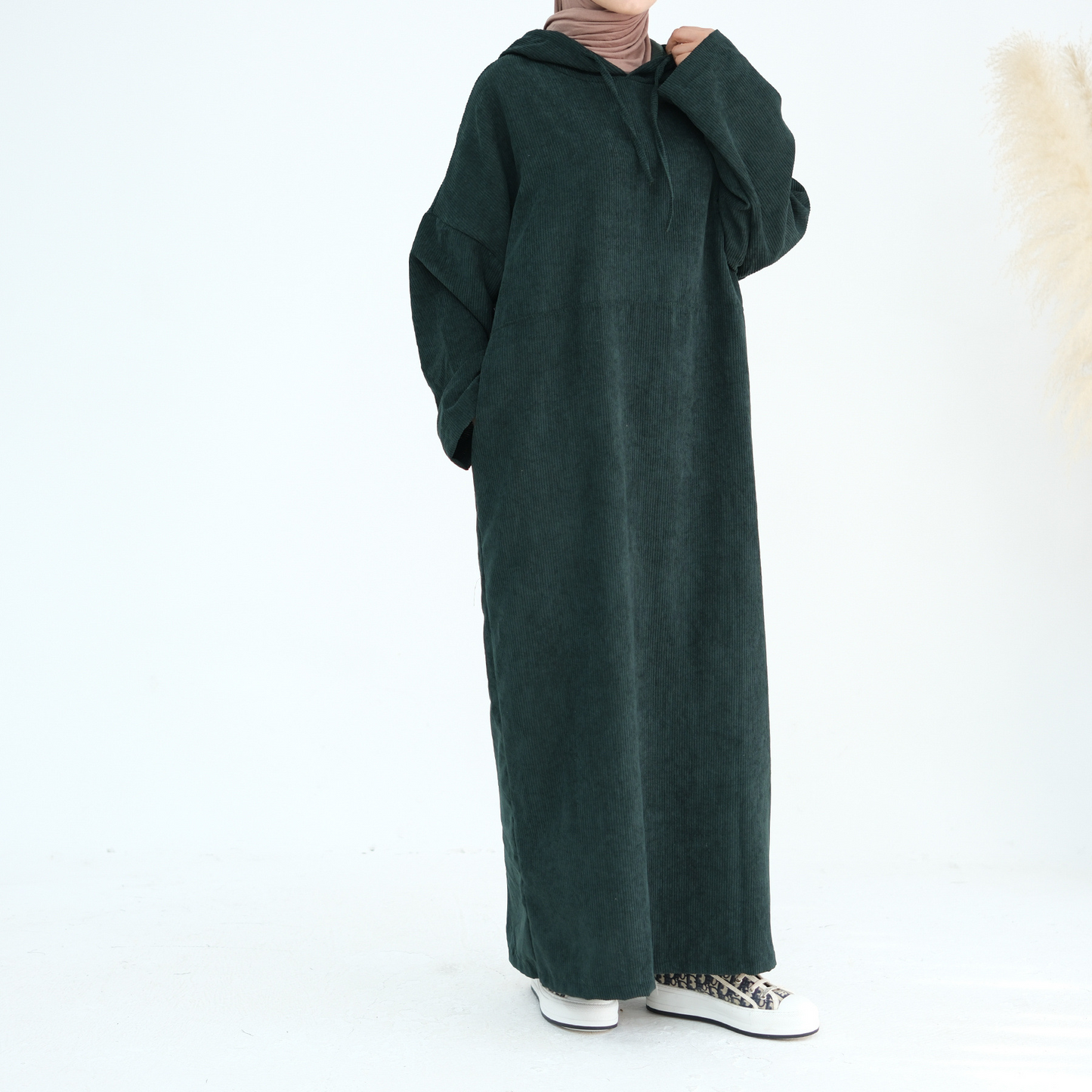 MH95 Corduroy Hooded Abaya with Pockets – Winter Casual Maxi Dress