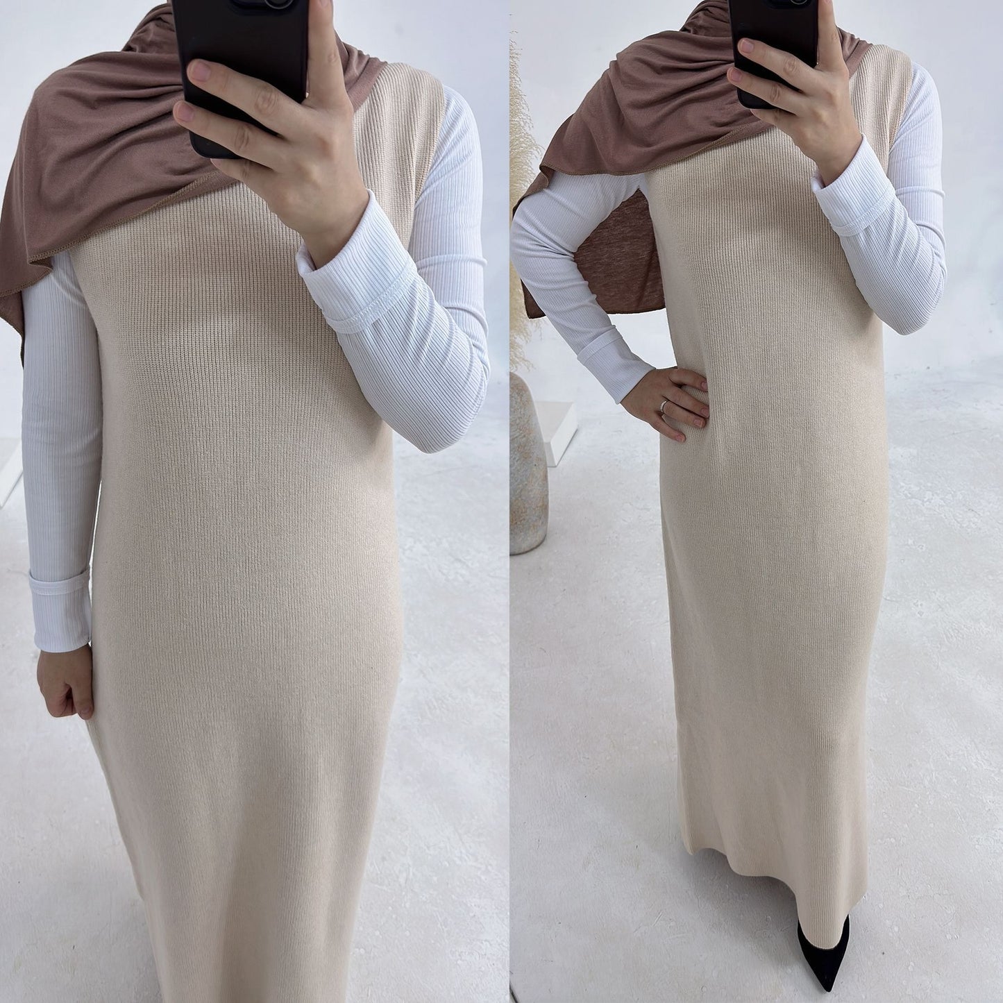MH82 Winter Knit Abaya Set – 2-Piece Modest Co-ord (Open Cardigan + Inner Dress) with Pockets