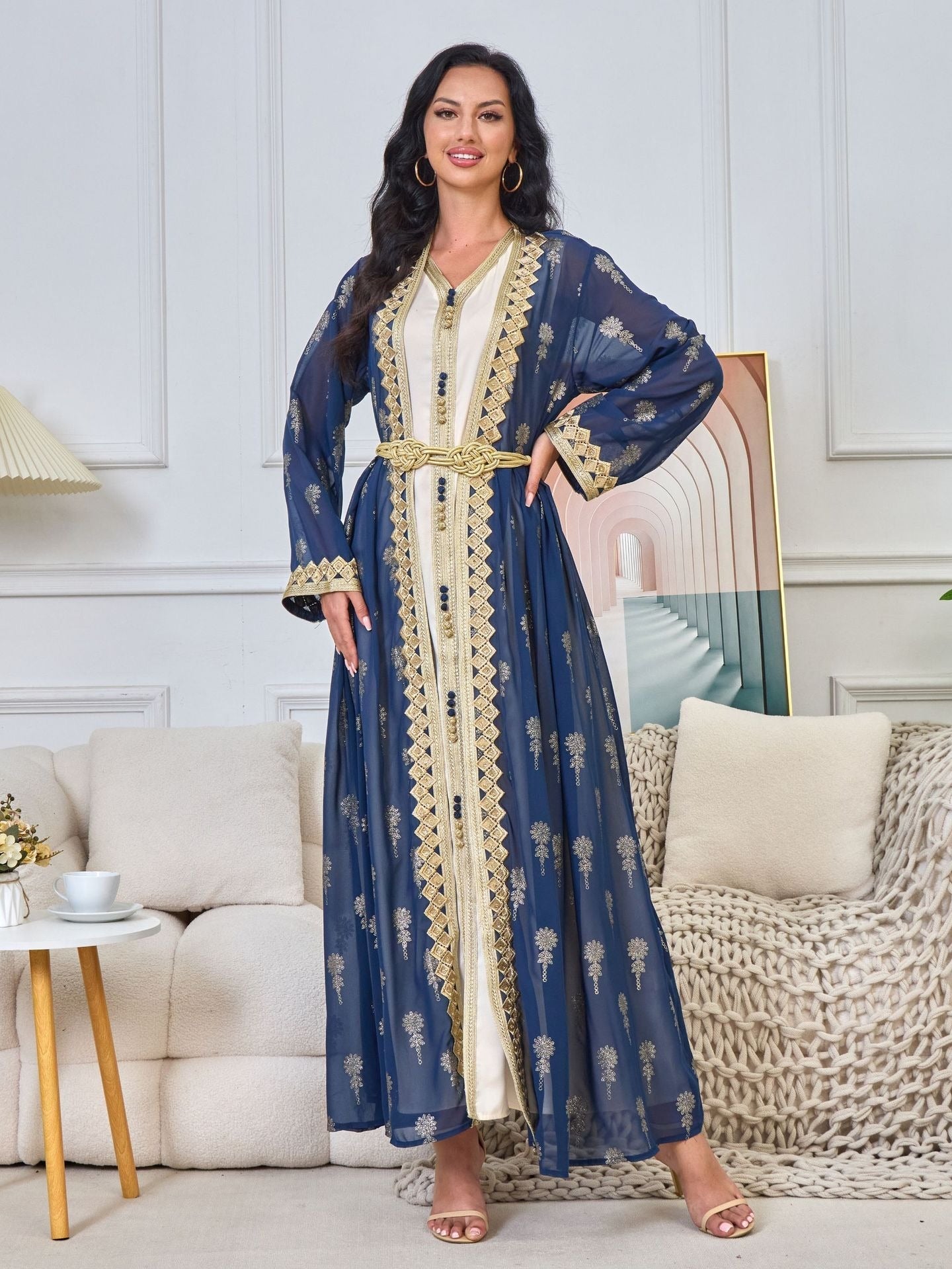 MH127 Embroidered Two Piece Abaya Set – Luxury Open Front Cardigan Abaya Dress for Eid & Formal Wear