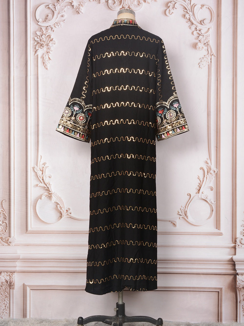 MH132 Sequin Embroidered Abaya Dress – Elegant V Neck Modest Maxi Kaftan for Muslim Women