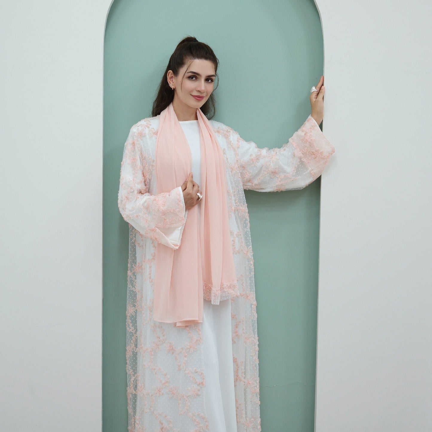 MH135 3D Floral Mesh Cardigan Abaya Set with Hijab – Elegant Modest Open Front Dress for Muslim Women