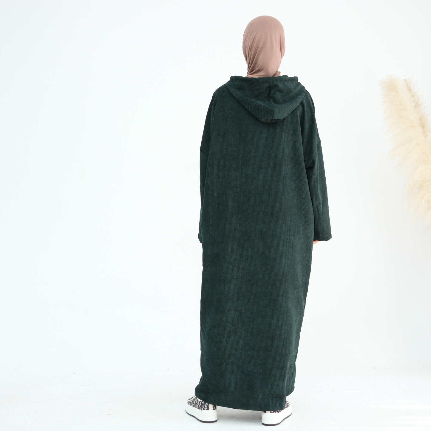 MH95 Corduroy Hooded Abaya with Pockets – Winter Casual Maxi Dress