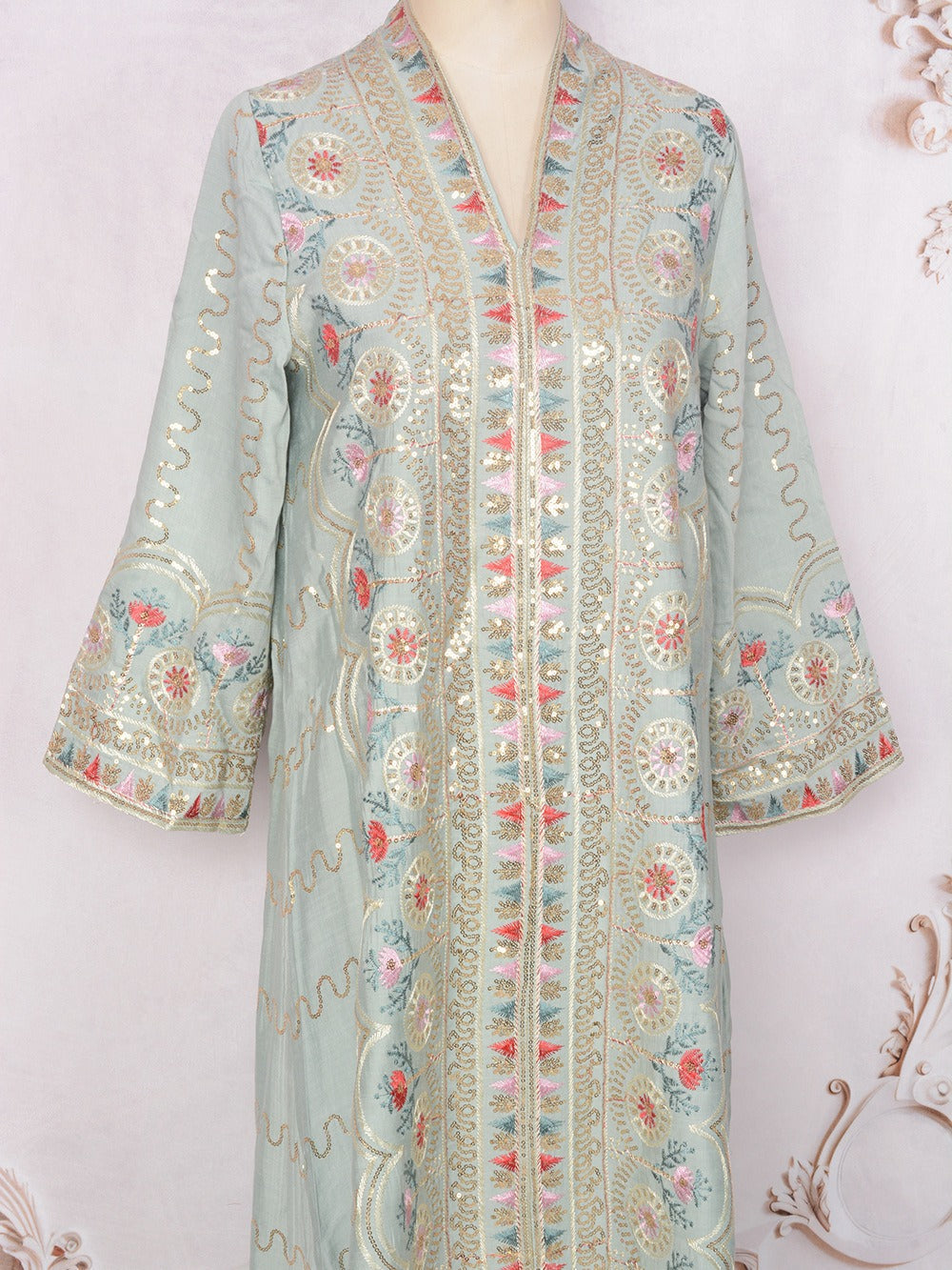 MH132 Sequin Embroidered Abaya Dress – Elegant V Neck Modest Maxi Kaftan for Muslim Women