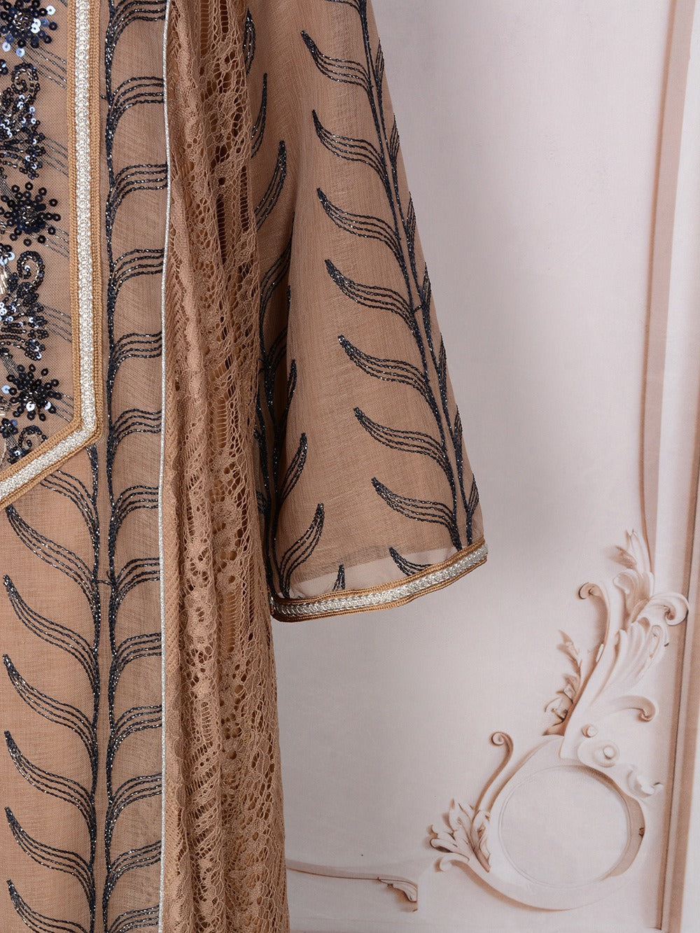 MH129 Beaded Embroidered Abaya Set – Elegant Mesh Modest Eid Dress for Muslim Women