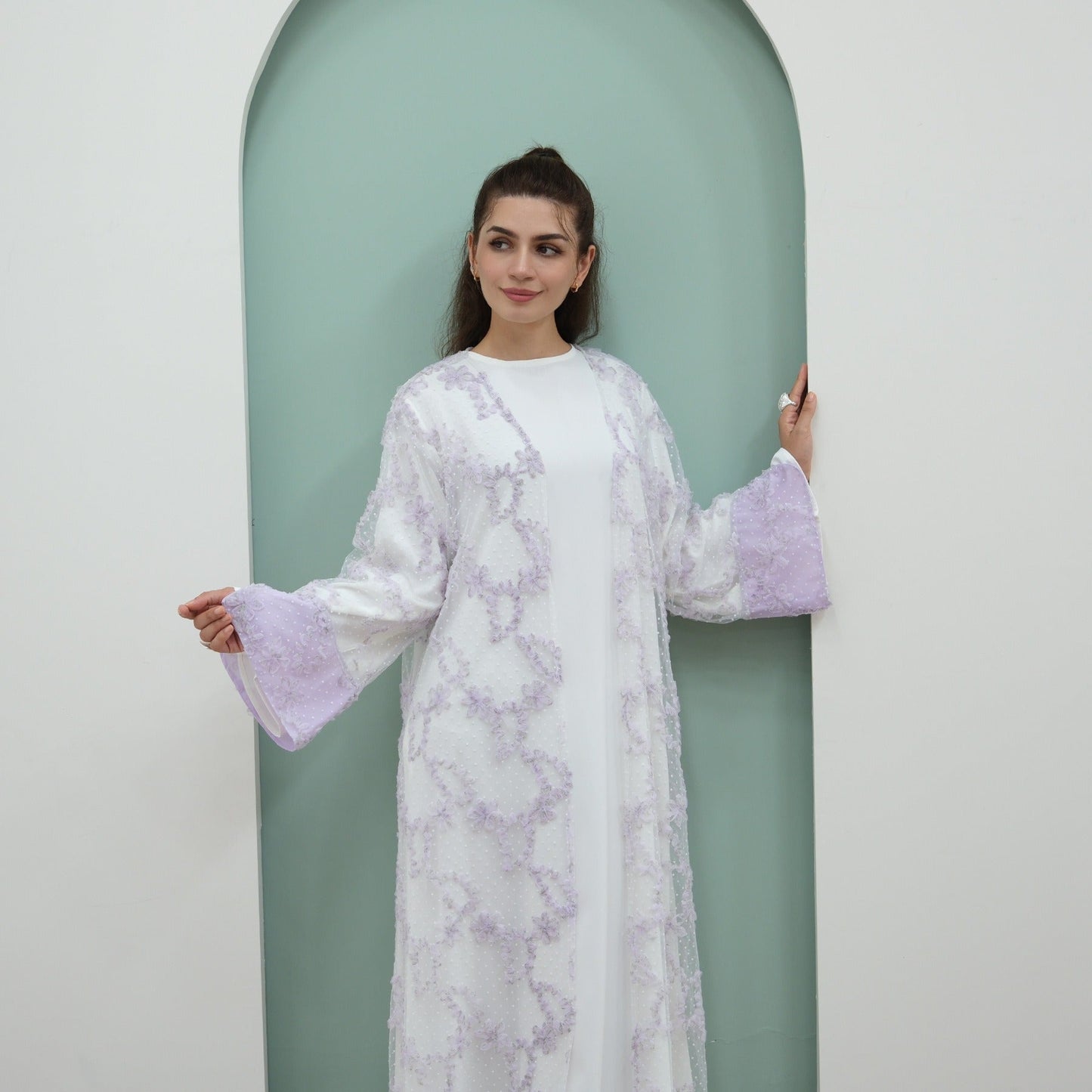 MH135 3D Floral Mesh Cardigan Abaya Set with Hijab – Elegant Modest Open Front Dress for Muslim Women