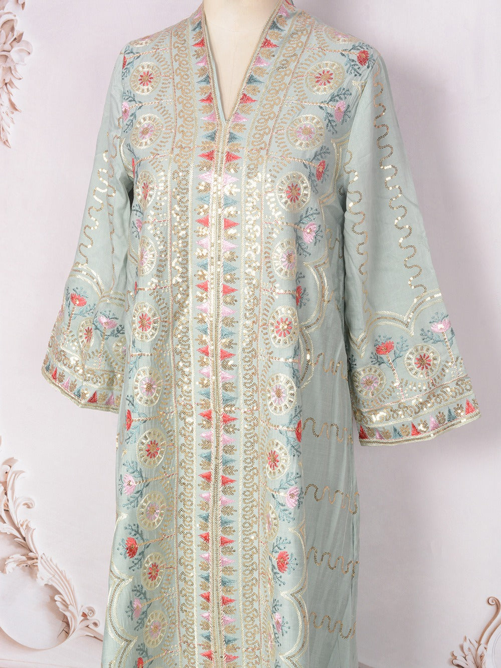 MH132 Sequin Embroidered Abaya Dress – Elegant V Neck Modest Maxi Kaftan for Muslim Women