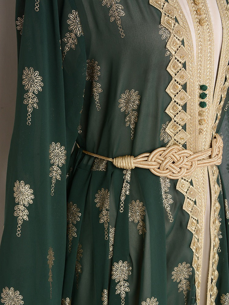 MH127 Embroidered Two Piece Abaya Set – Luxury Open Front Cardigan Abaya Dress for Eid & Formal Wear