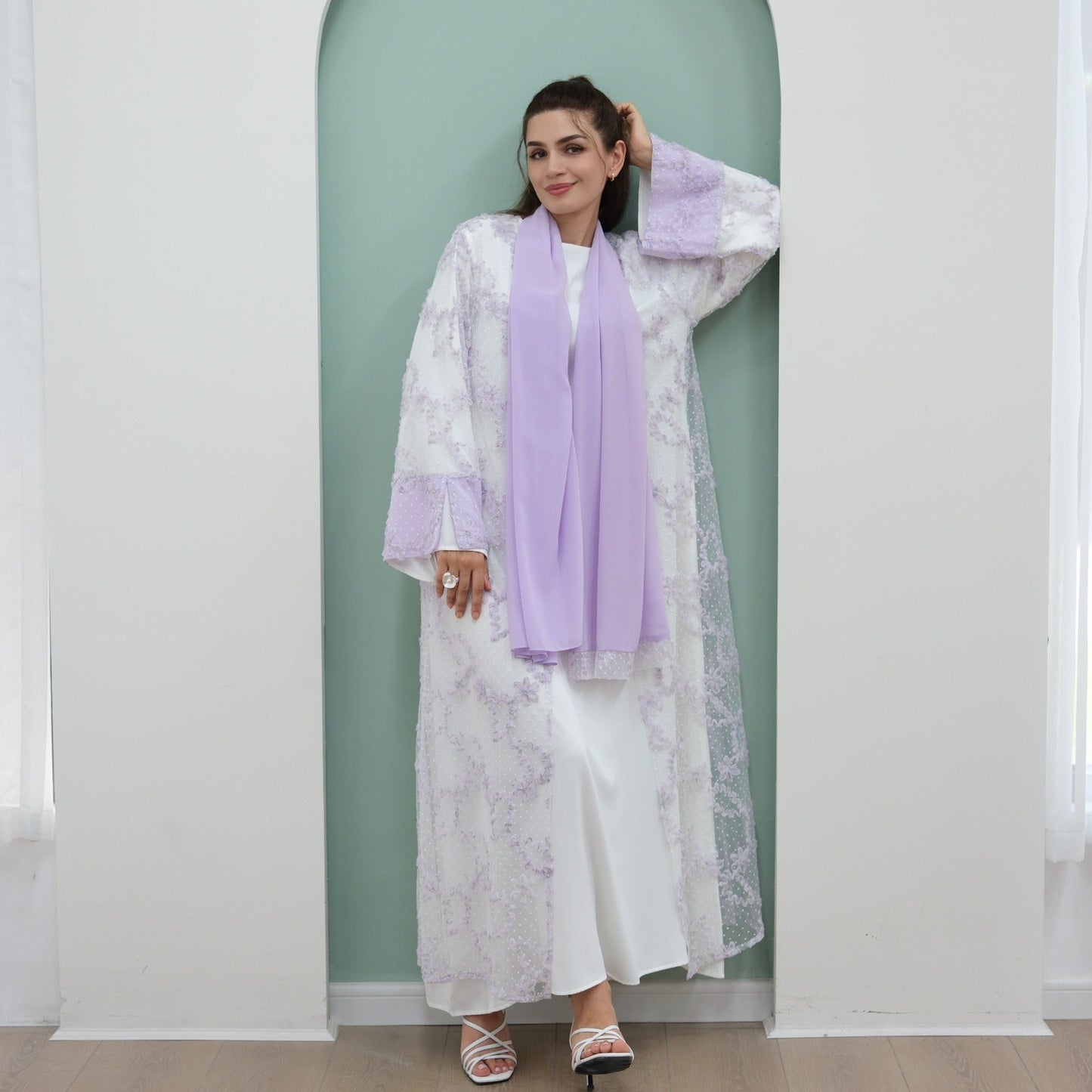 MH135 3D Floral Mesh Cardigan Abaya Set with Hijab – Elegant Modest Open Front Dress for Muslim Women