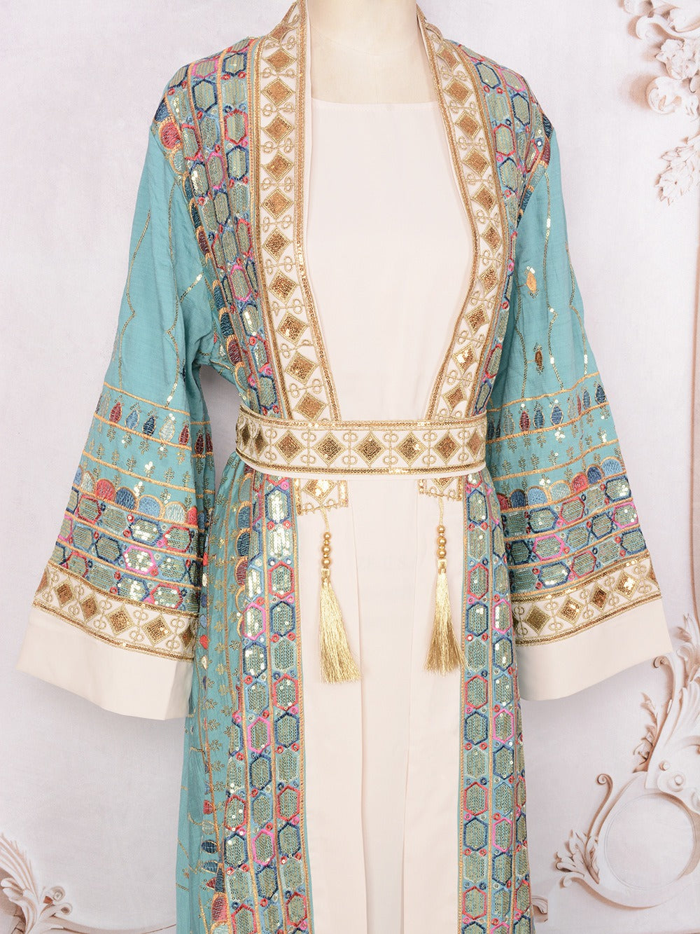 MH130 Luxury Beaded Open Abaya Set – Embroidered Modest Eid Kimono Dress for Muslim Women