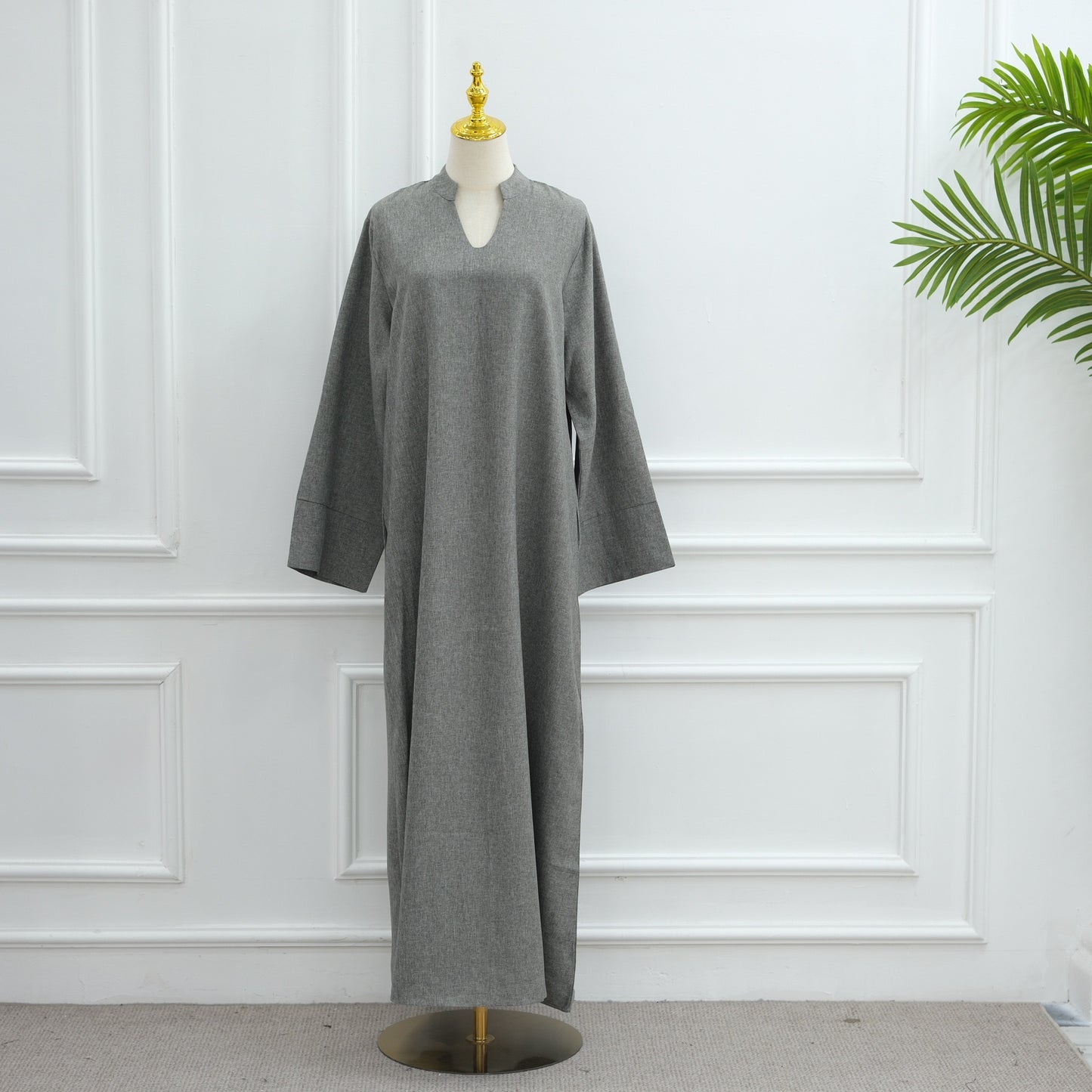 MH93 Plain Abaya Maxi Dress with Pockets – Opaque Wide Cuffs & V-Notch