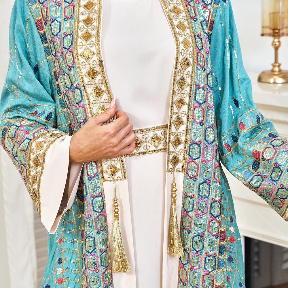 MH130 Luxury Beaded Open Abaya Set – Embroidered Modest Eid Kimono Dress for Muslim Women
