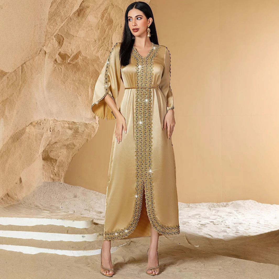 MH126 Luxury Champagne Beaded Lace Abaya Dress – Handmade Elegant Eid & Evening Kaftan