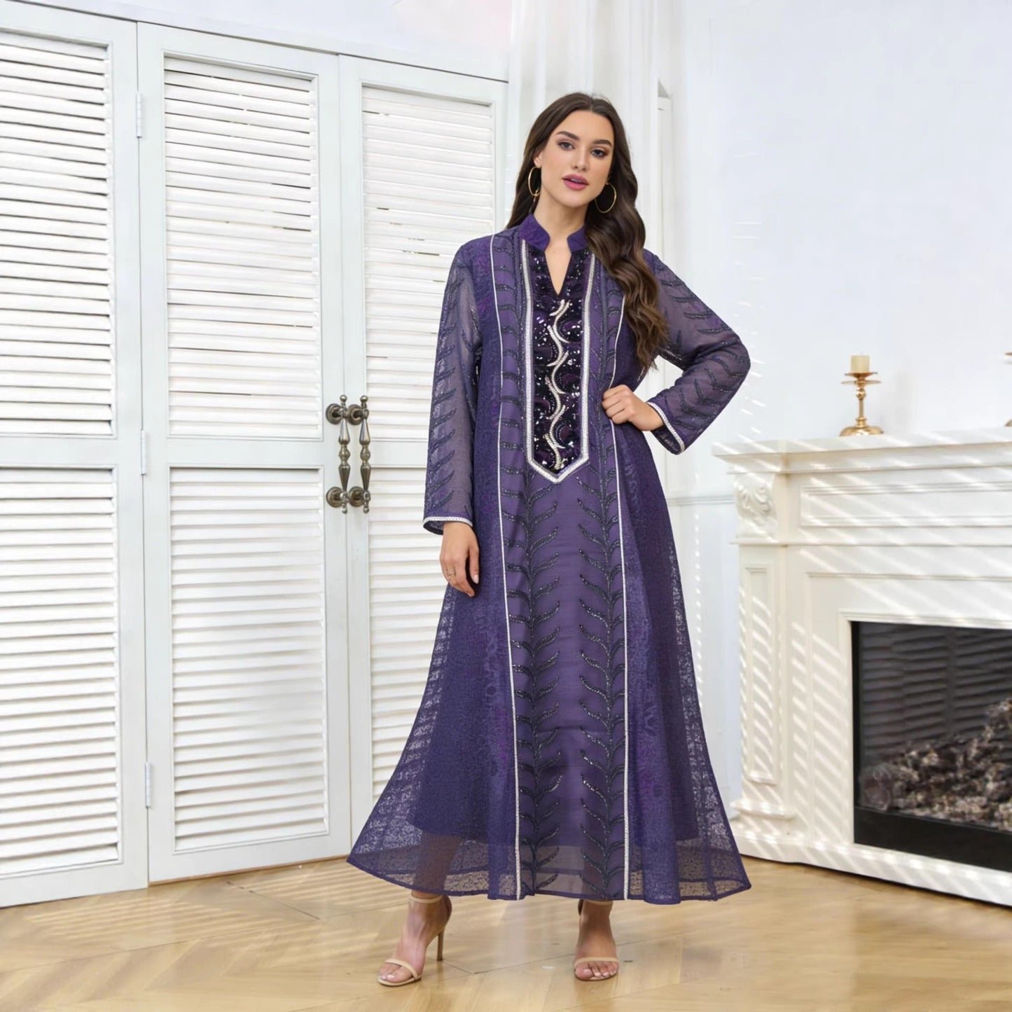MH129 Beaded Embroidered Abaya Set – Elegant Mesh Modest Eid Dress for Muslim Women