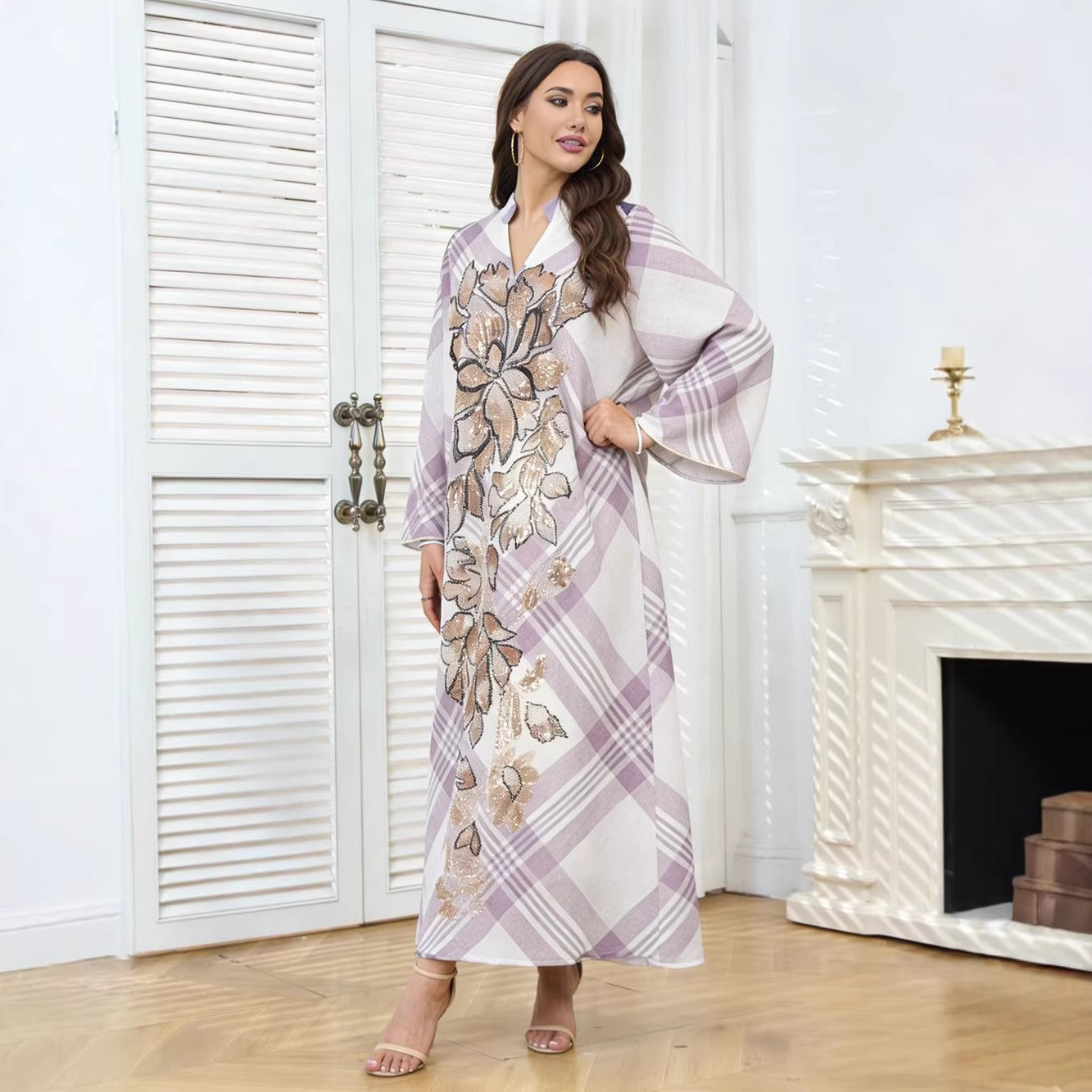 MH128 Plaid Sequin Embroidered Abaya Dress – Elegant Modest Party Maxi for Muslim Women