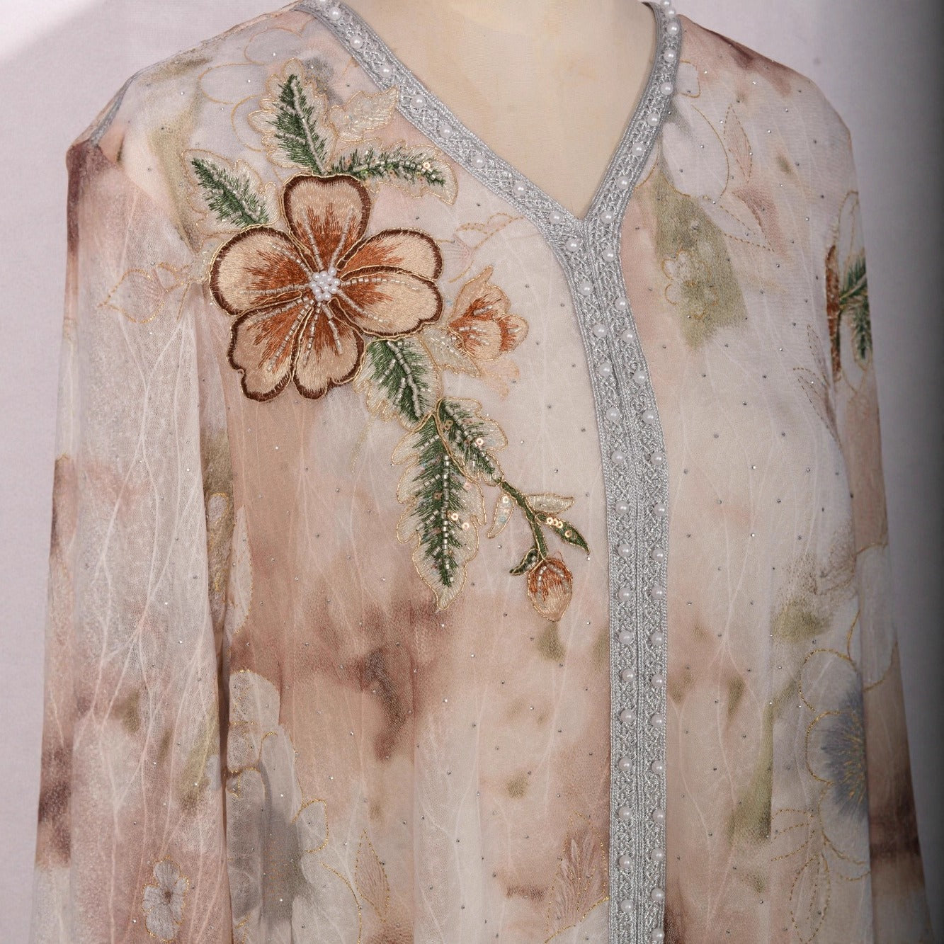 MH131 Luxury Floral Print Beaded Abaya Dress – Elegant Modest Eid Maxi Kaftan for Muslim Women