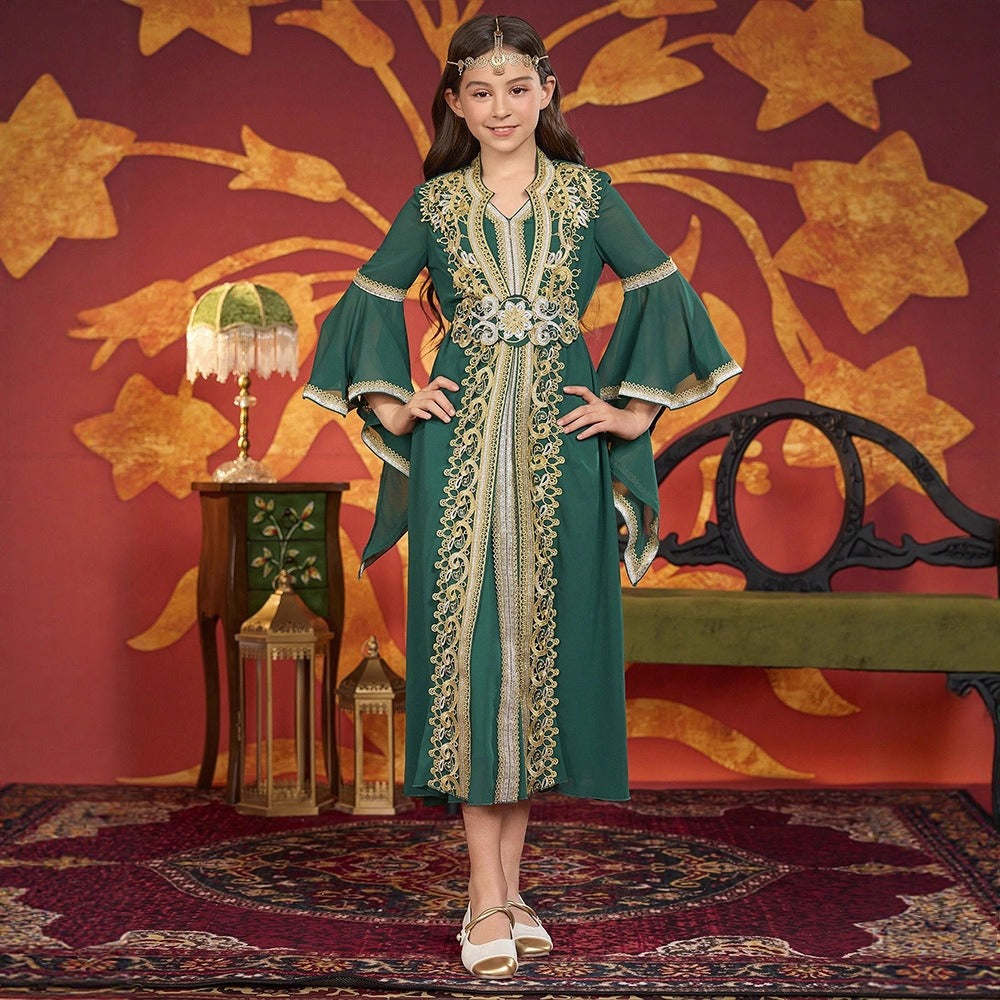 MH141 Girls Chiffon Maxi Dress with Flare Sleeves – Modest Festival Dress for Girls Ages 8–12