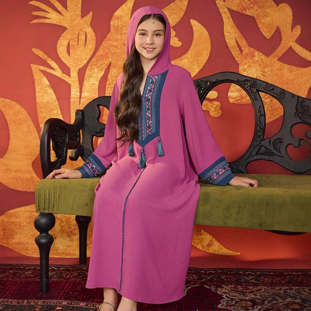 MH137 Girls Hooded Embroidery Maxi Dress – Tassel Trim Modest Eid Dress for Girls Ages 8–12