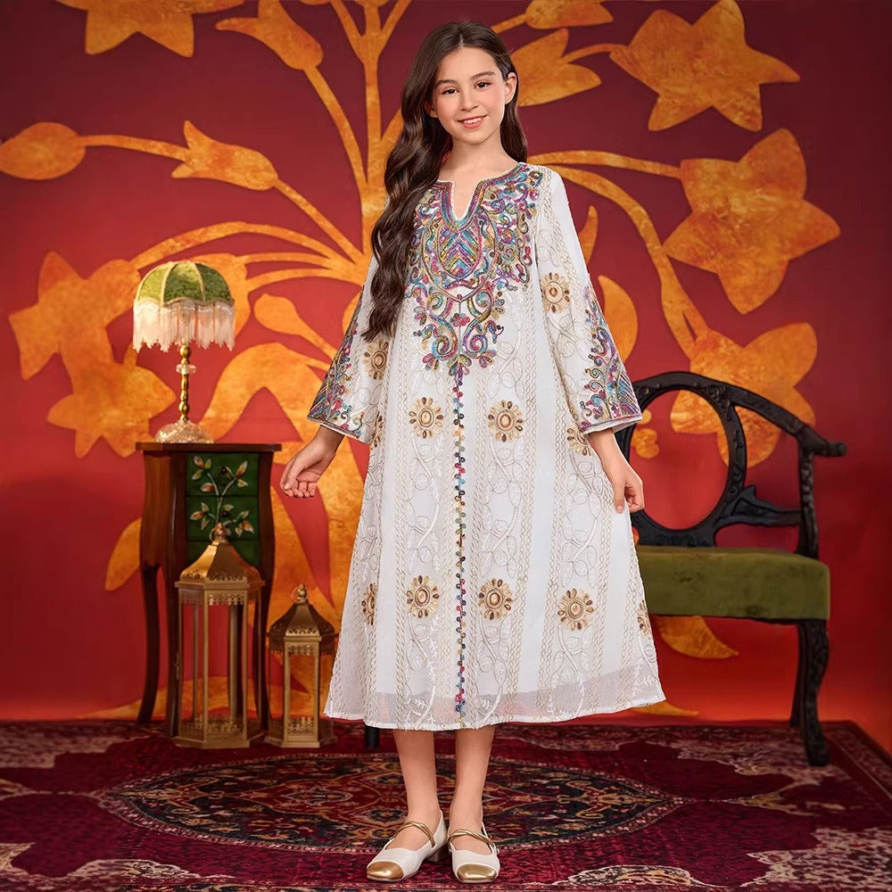 LM138 Girls Heavy Embroidery Maxi Dress – Elegant Modest Party Dress for Girls Ages 8–12