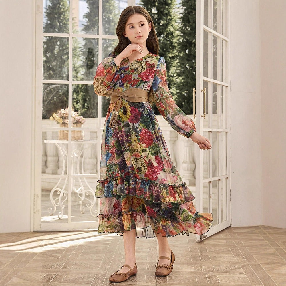 MH136 Girls Floral Print Chiffon Maxi Dress – Lantern Sleeve Modest Dress for Girls Ages 8–12