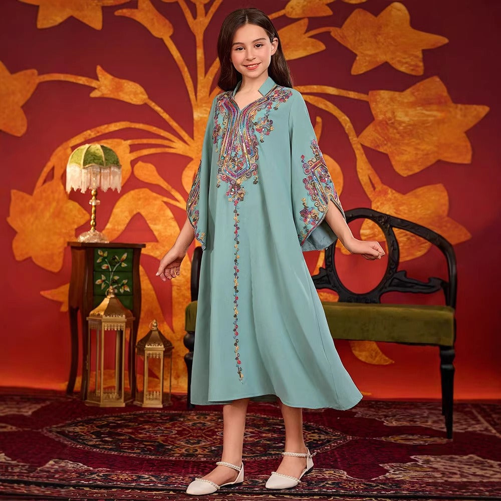 MH139 Girls Embroidered Maxi Robe Dress – Flare Sleeve Modest Eid Dress for Girls Ages 8–12
