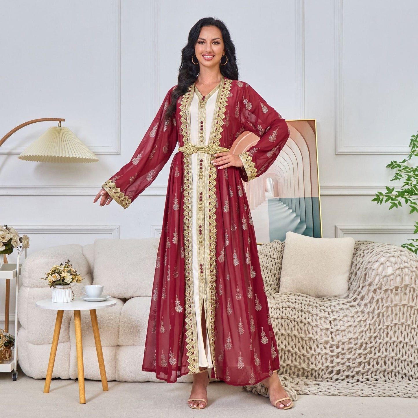 MH127 Embroidered Two Piece Abaya Set – Luxury Open Front Cardigan Abaya Dress for Eid & Formal Wear