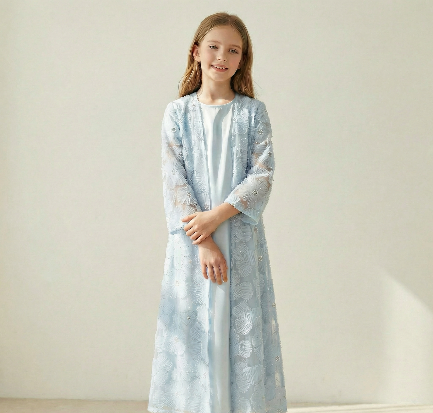 MH122 | Girls 2-Piece Mesh Flower Bead Jacket & Satin Dress Set | Ages 7–14