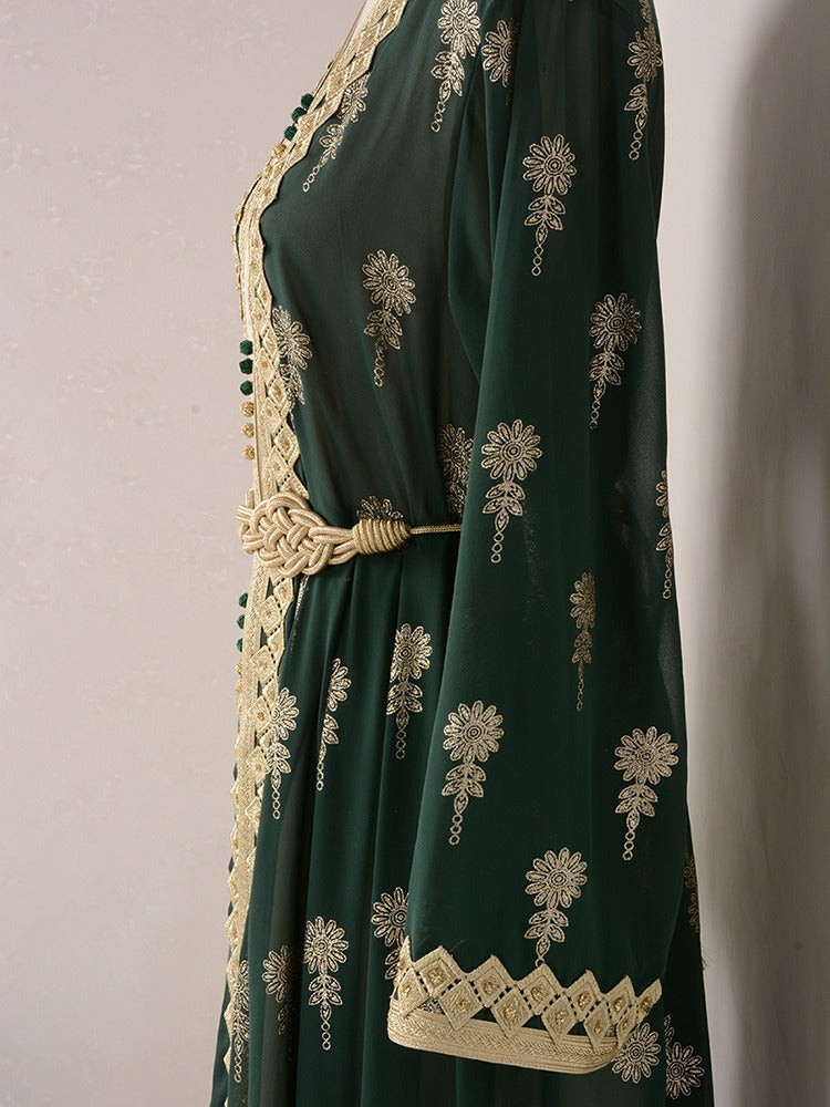 MH127 Embroidered Two Piece Abaya Set – Luxury Open Front Cardigan Abaya Dress for Eid & Formal Wear