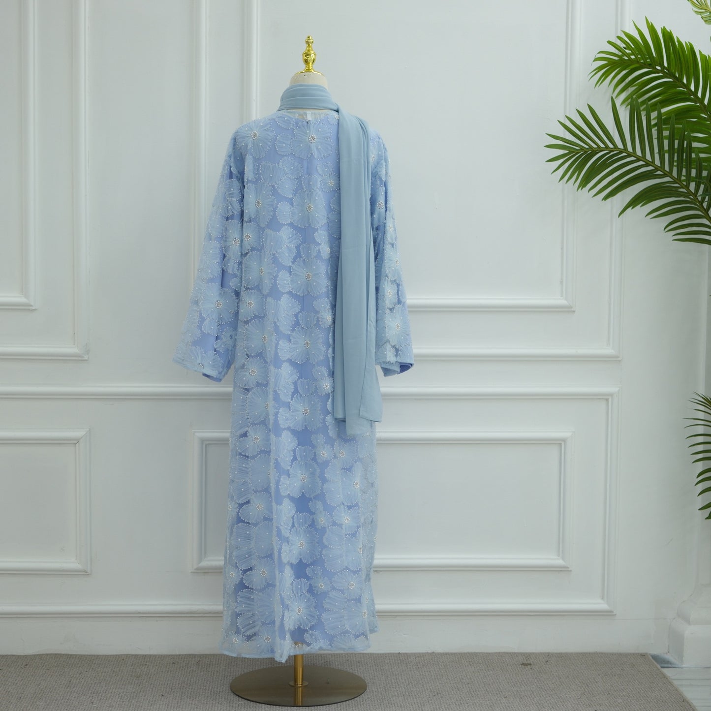 MH90 Beaded Lace Abaya Set – Embroidered Open Abaya, Optional Hijab & Inner Dress