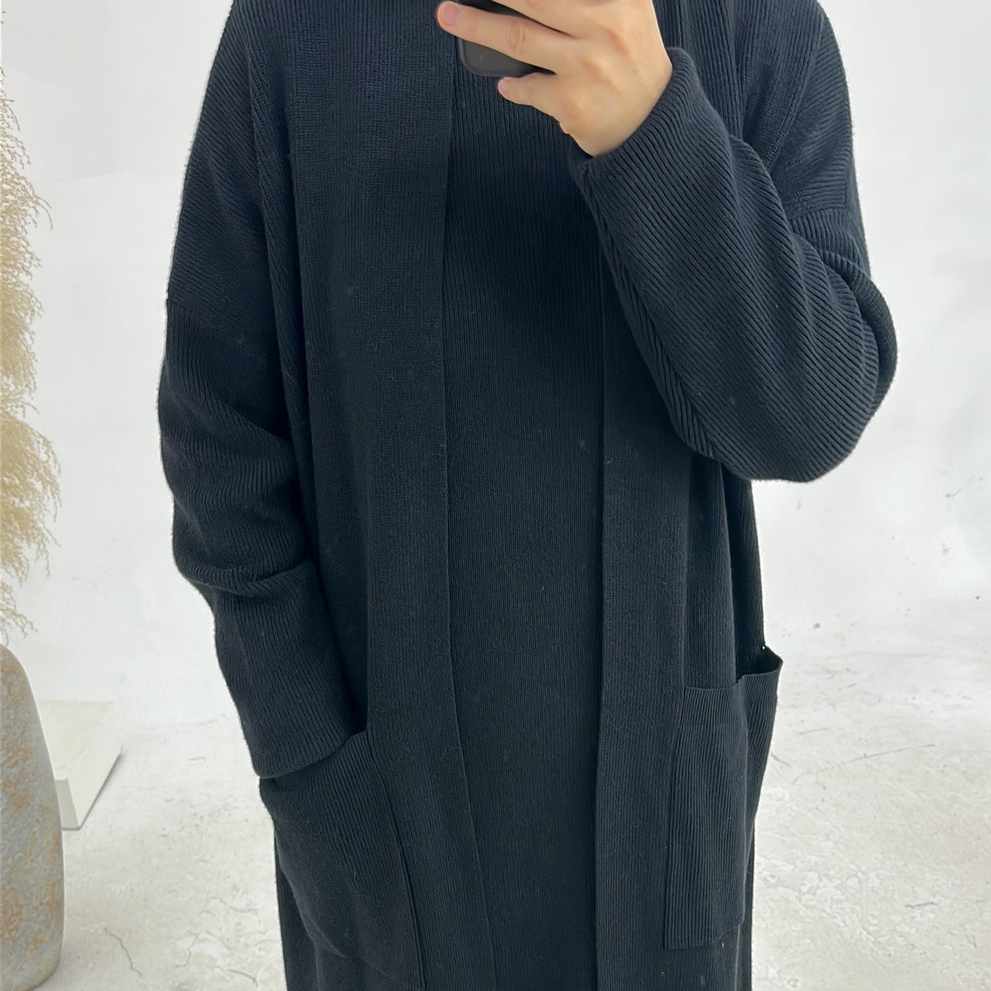 MH82 Winter Knit Abaya Set – 2-Piece Modest Co-ord (Open Cardigan + Inner Dress) with Pockets