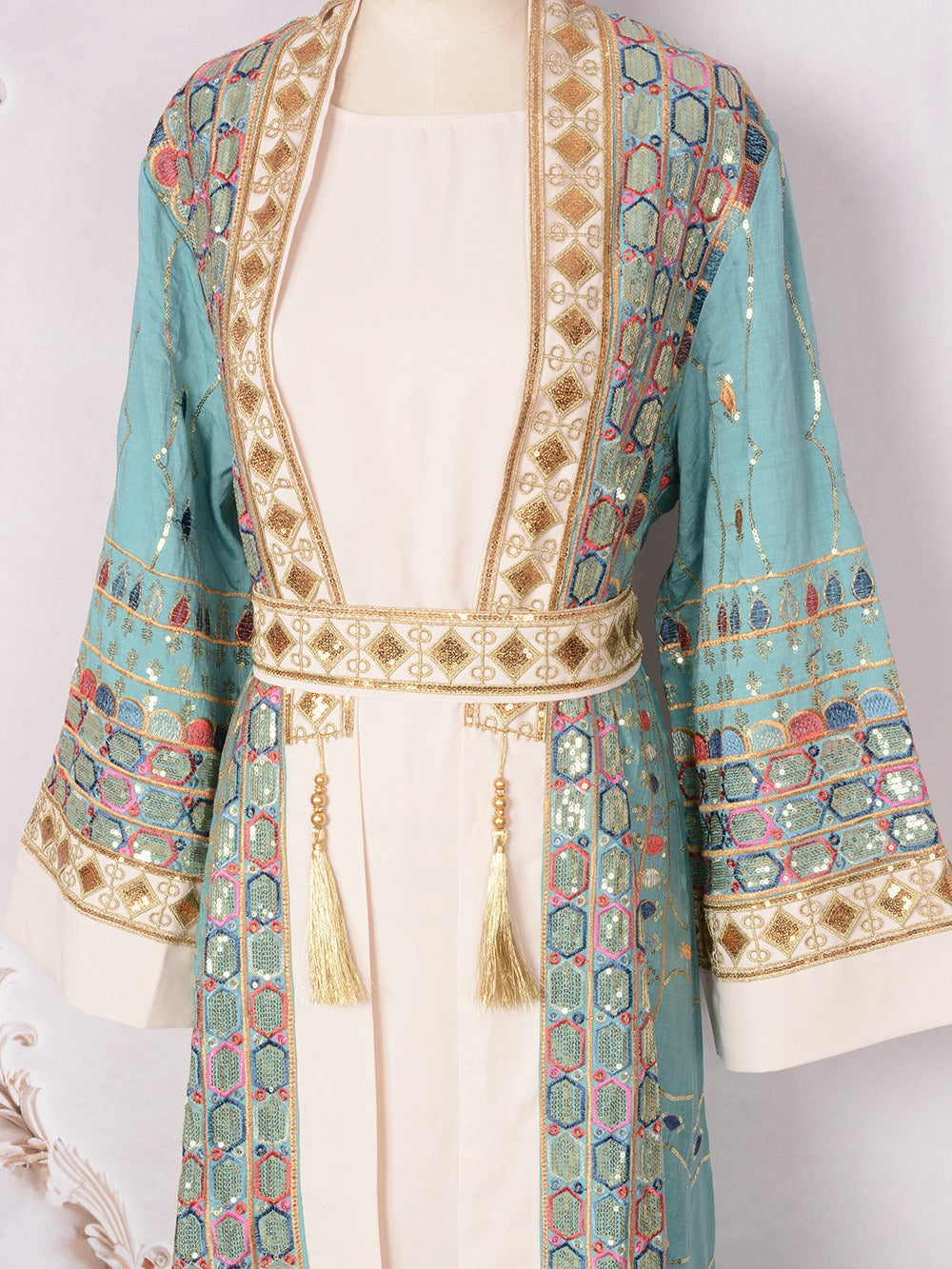 MH130 Luxury Beaded Open Abaya Set – Embroidered Modest Eid Kimono Dress for Muslim Women
