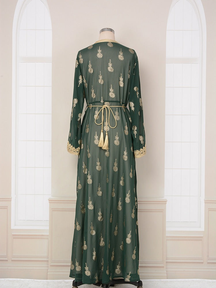 MH127 Embroidered Two Piece Abaya Set – Luxury Open Front Cardigan Abaya Dress for Eid & Formal Wear