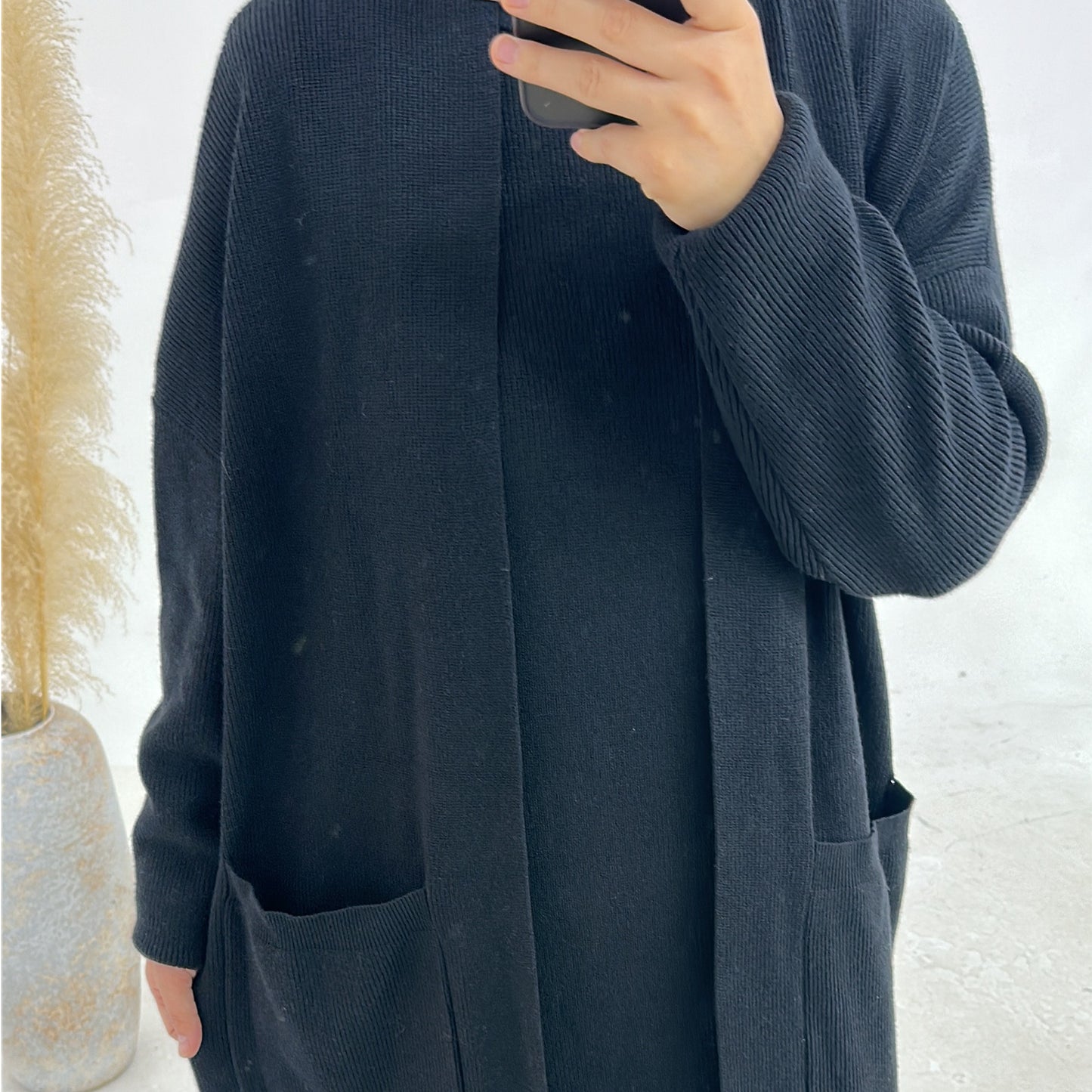 MH82 Winter Knit Abaya Set – 2-Piece Modest Co-ord (Open Cardigan + Inner Dress) with Pockets