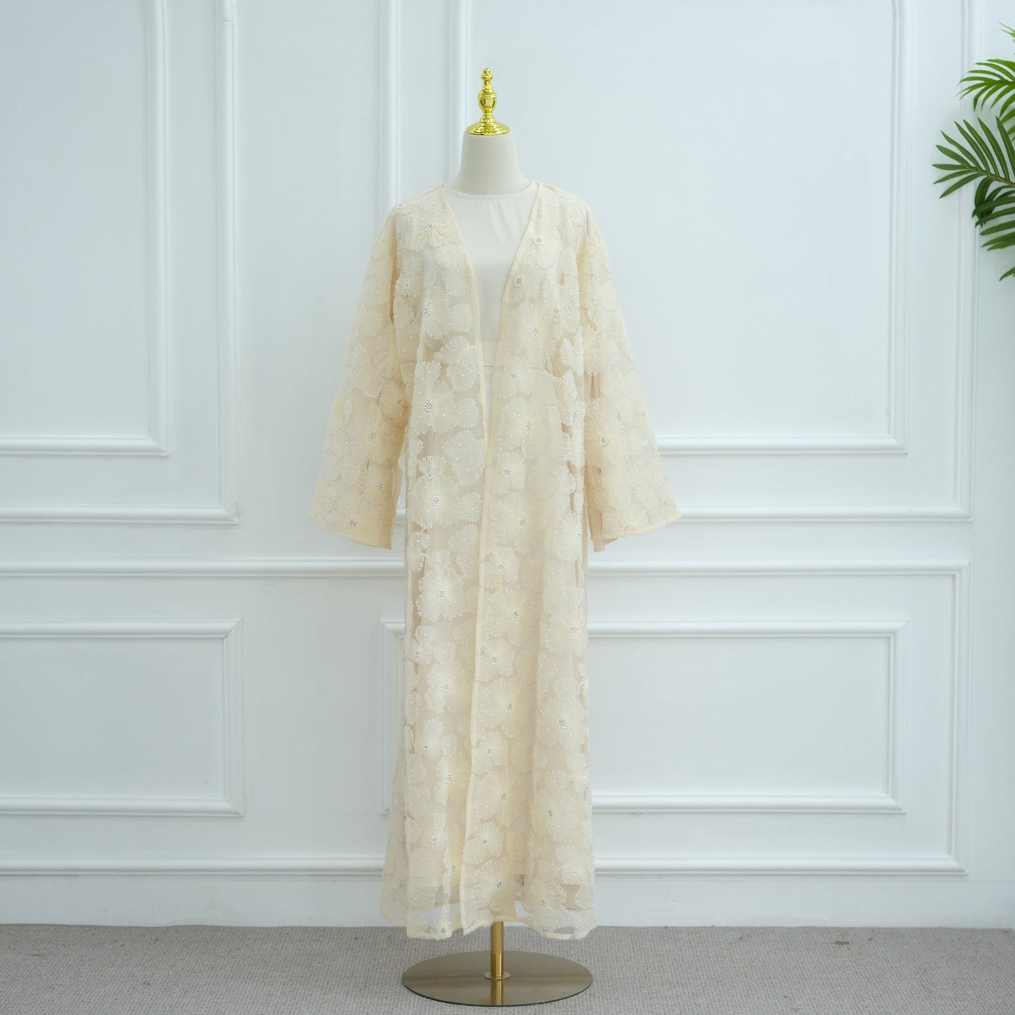 MH90 Beaded Lace Abaya Set – Embroidered Open Abaya, Optional Hijab & Inner Dress