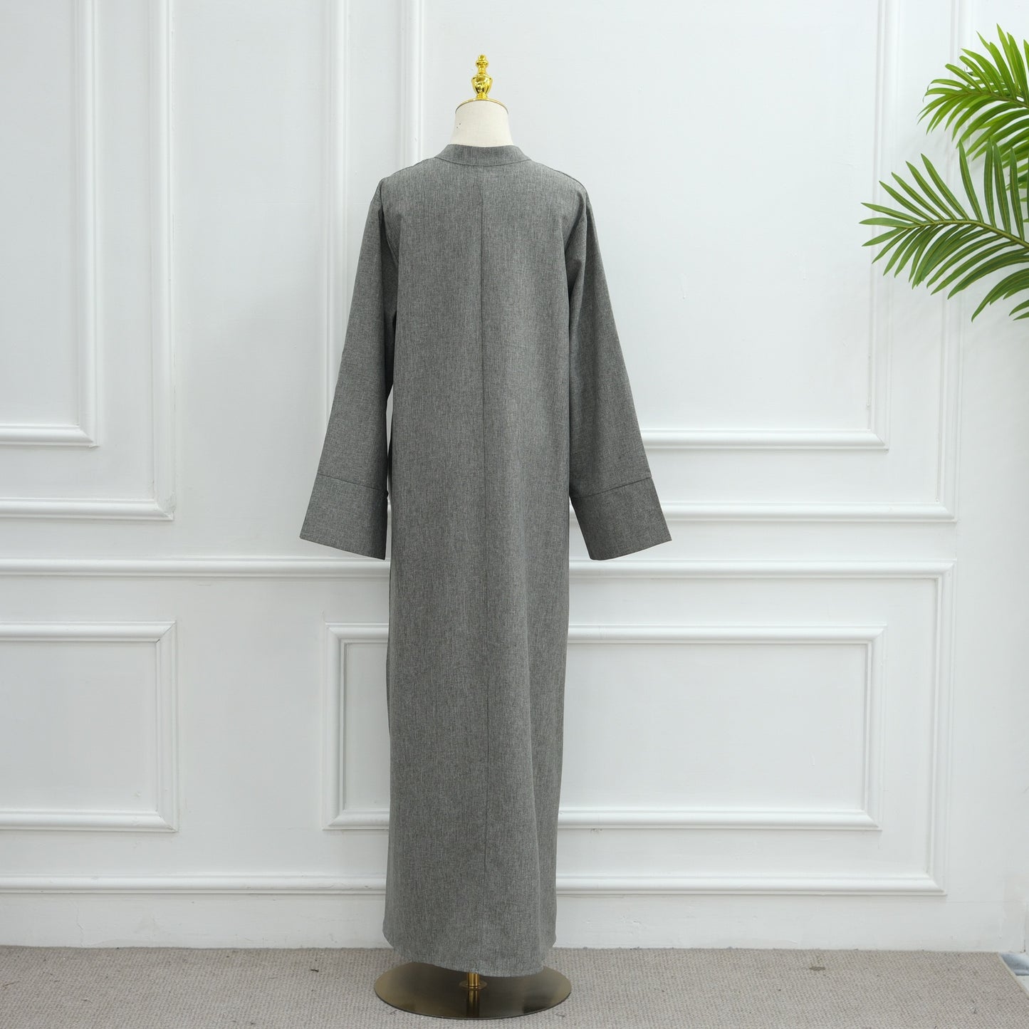 MH93 Plain Abaya Maxi Dress with Pockets – Opaque Wide Cuffs & V-Notch