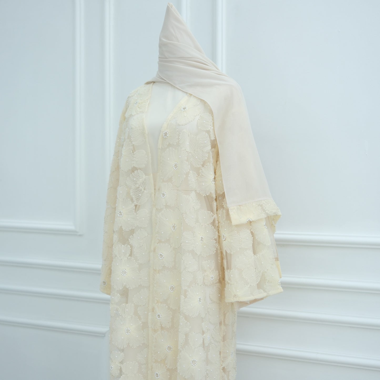 MH90 Beaded Lace Abaya Set – Embroidered Open Abaya, Optional Hijab & Inner Dress