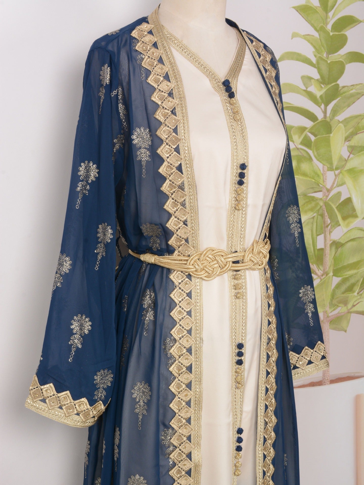 MH127 Embroidered Two Piece Abaya Set – Luxury Open Front Cardigan Abaya Dress for Eid & Formal Wear