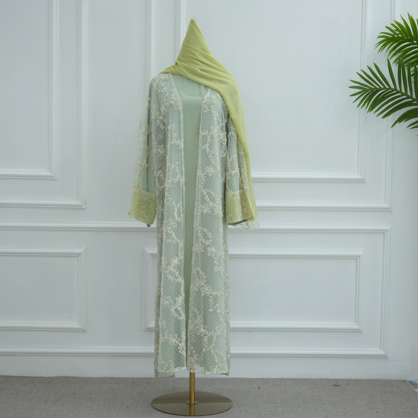 MH135 3D Floral Mesh Cardigan Abaya Set with Hijab – Elegant Modest Open Front Dress for Muslim Women