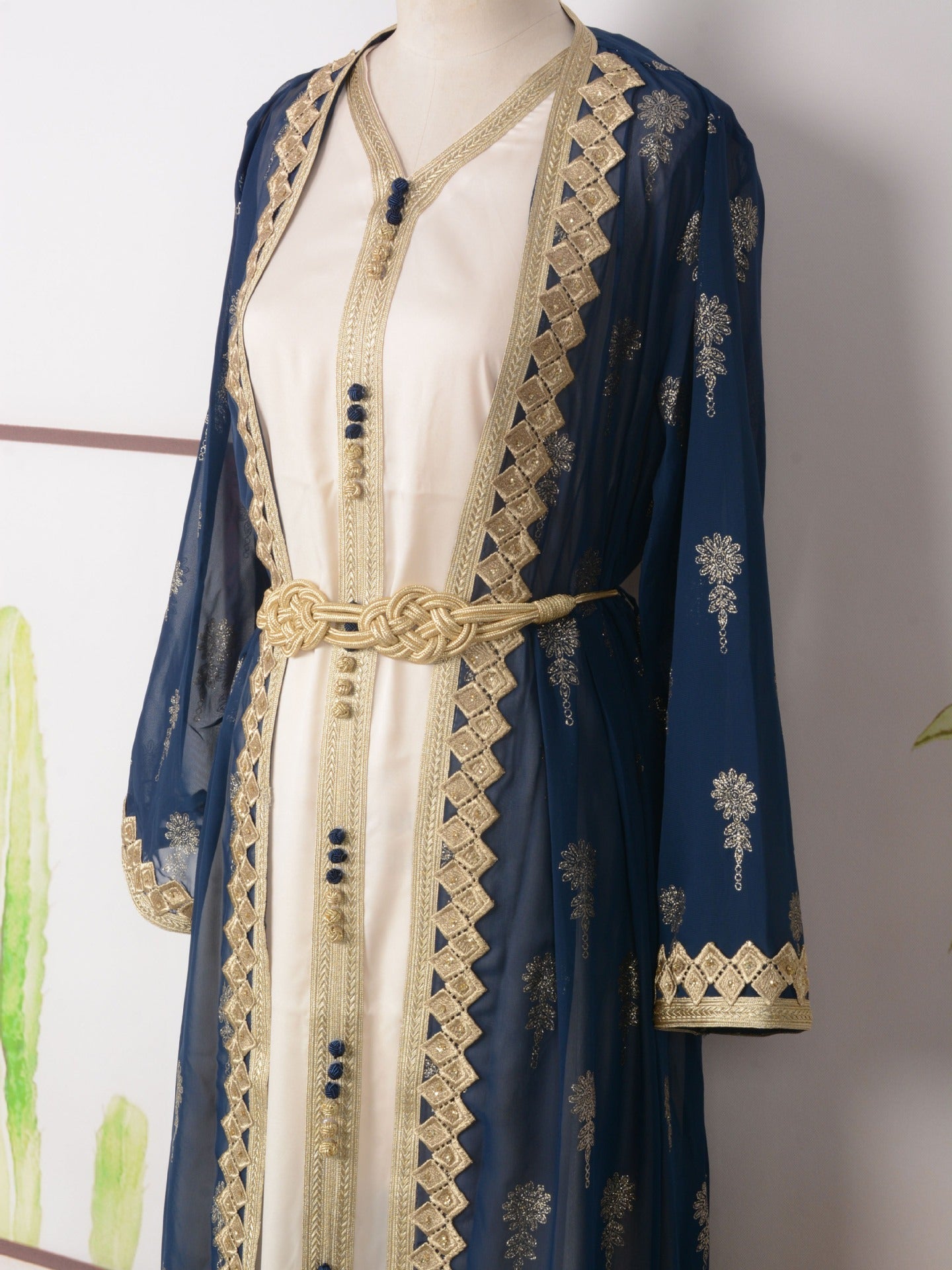 MH127 Embroidered Two Piece Abaya Set – Luxury Open Front Cardigan Abaya Dress for Eid & Formal Wear
