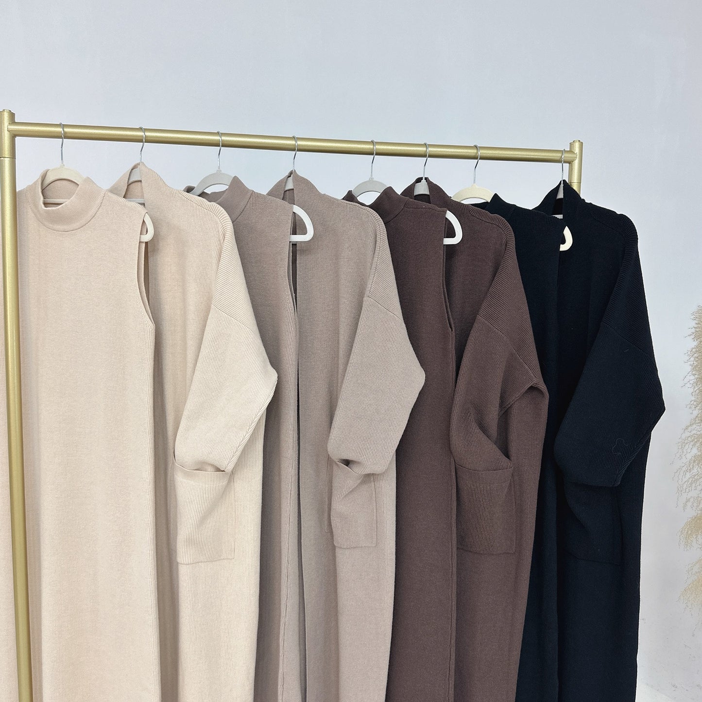 MH82 Winter Knit Abaya Set – 2-Piece Modest Co-ord (Open Cardigan + Inner Dress) with Pockets