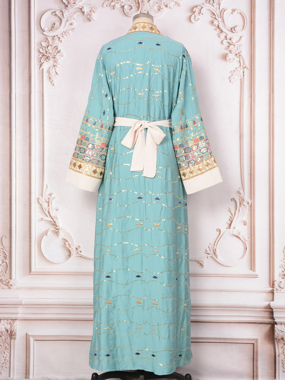 MH130 Luxury Beaded Open Abaya Set – Embroidered Modest Eid Kimono Dress for Muslim Women