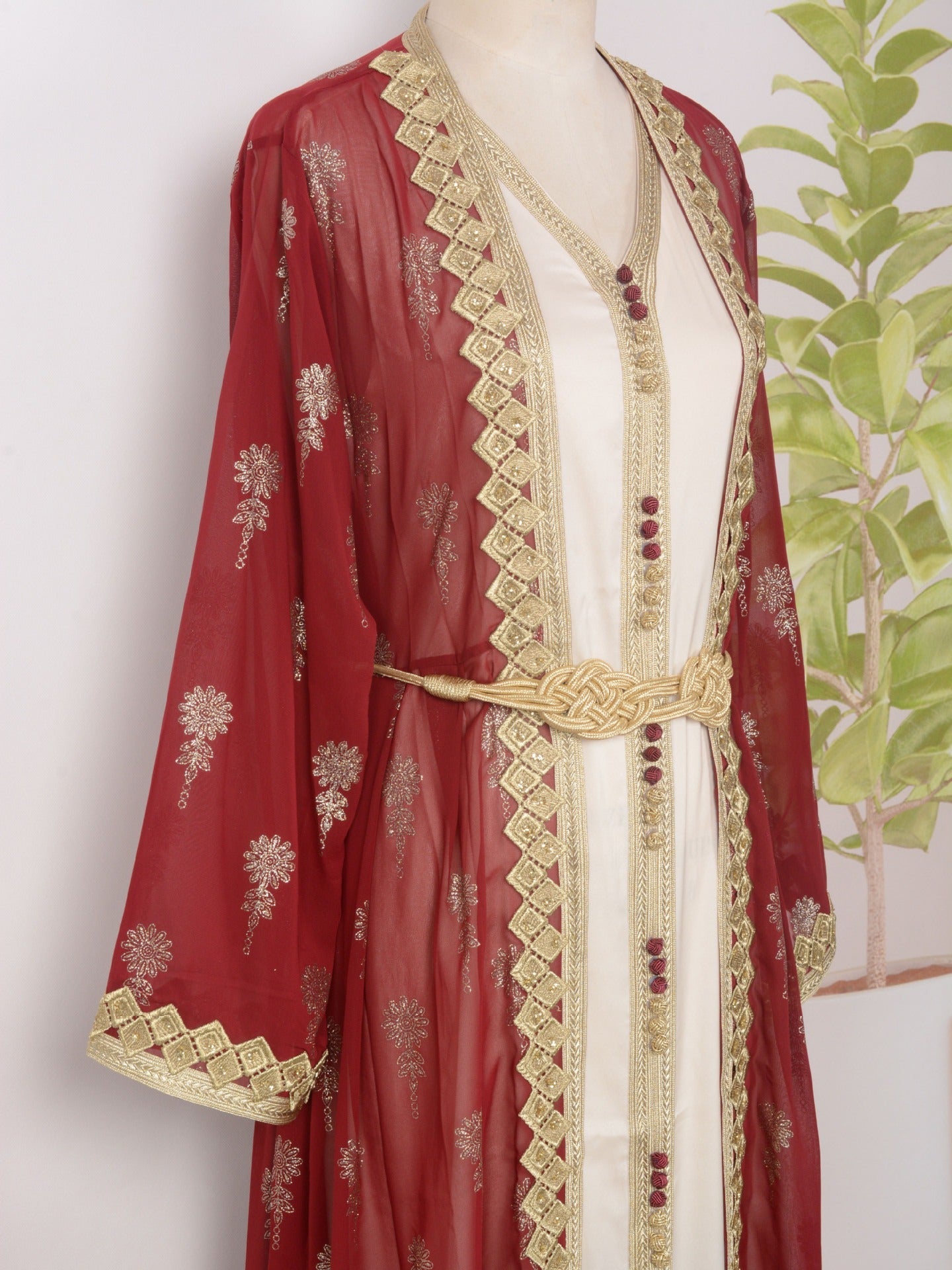 MH127 Embroidered Two Piece Abaya Set – Luxury Open Front Cardigan Abaya Dress for Eid & Formal Wear