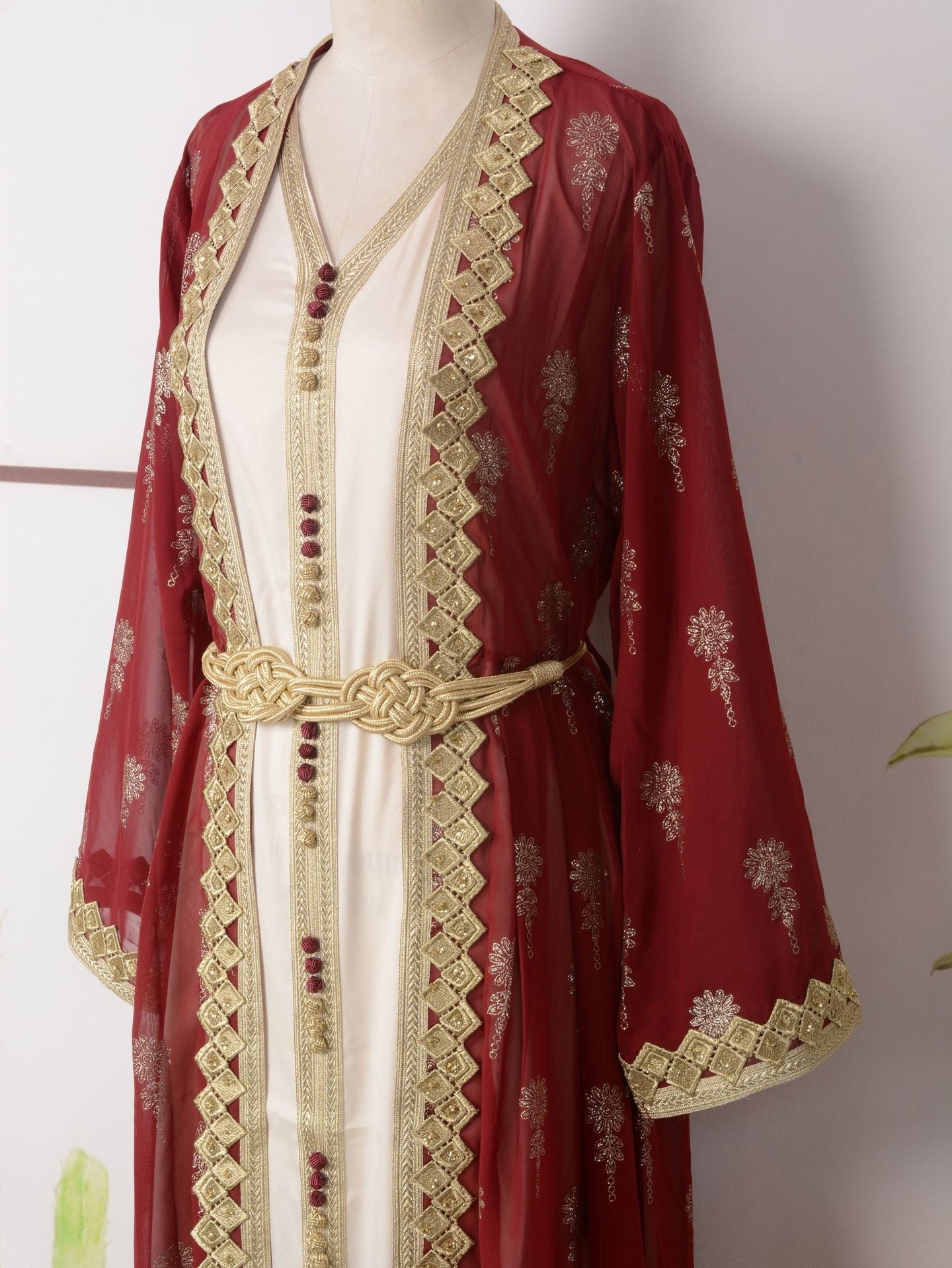 MH127 Embroidered Two Piece Abaya Set – Luxury Open Front Cardigan Abaya Dress for Eid & Formal Wear